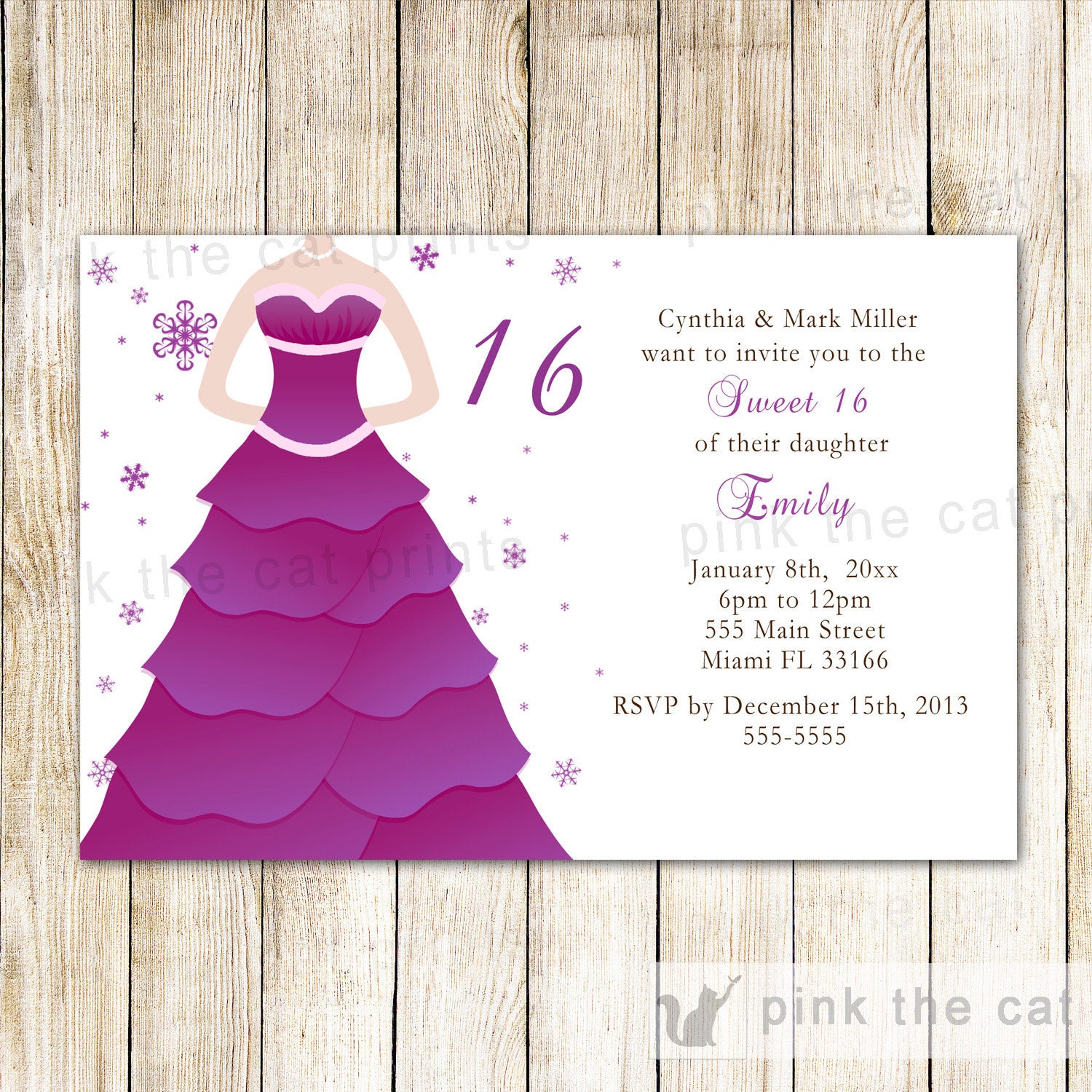 Dress Invitation Sweet 15 16 Purple Winter Wonderland Pink the Cat Dress Invitation Sweet 15 16 Purple Winter Wonderland Pink the Cat