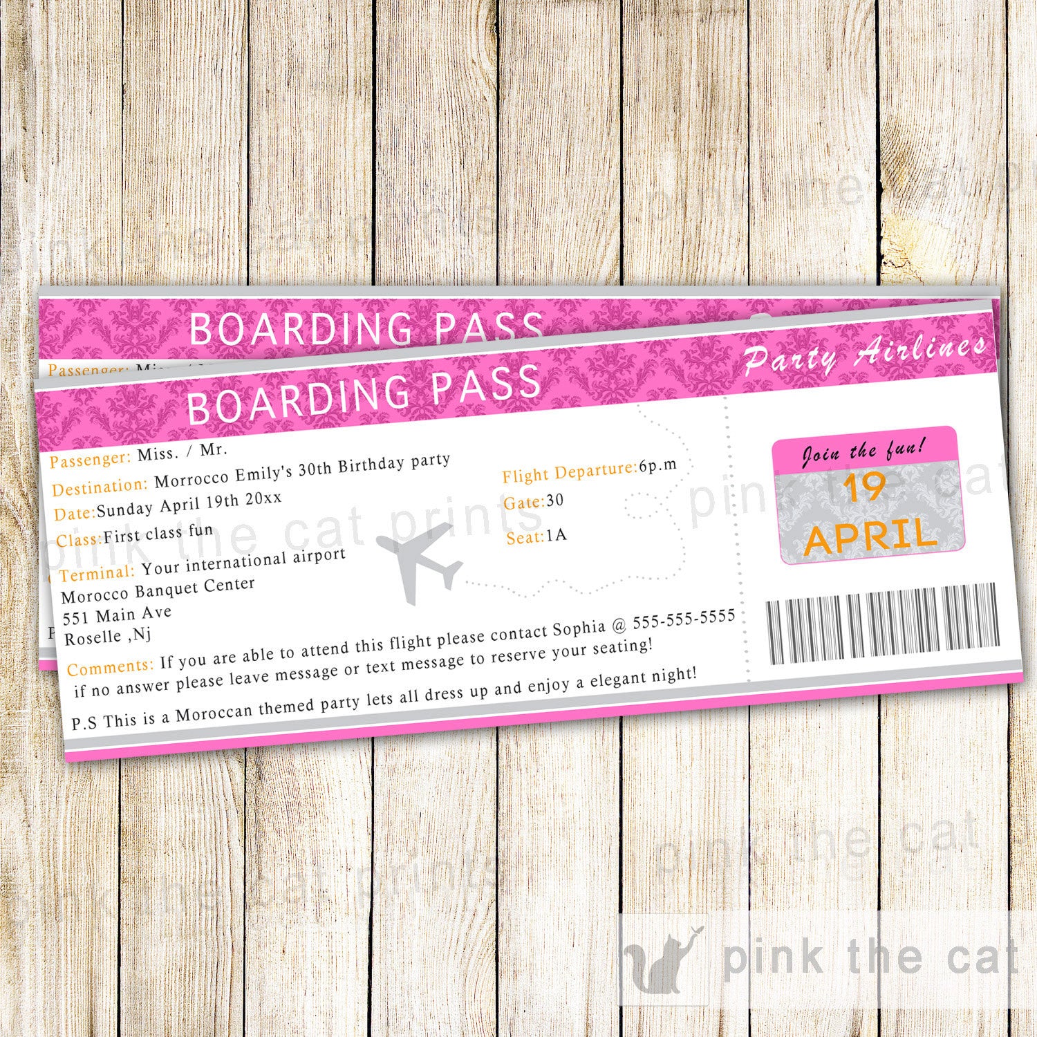 Boarding Pass Invitation Adult Birthday Party – Pink the Cat boarding-pass-invitation-adult-birthday-party-pink-the-cat