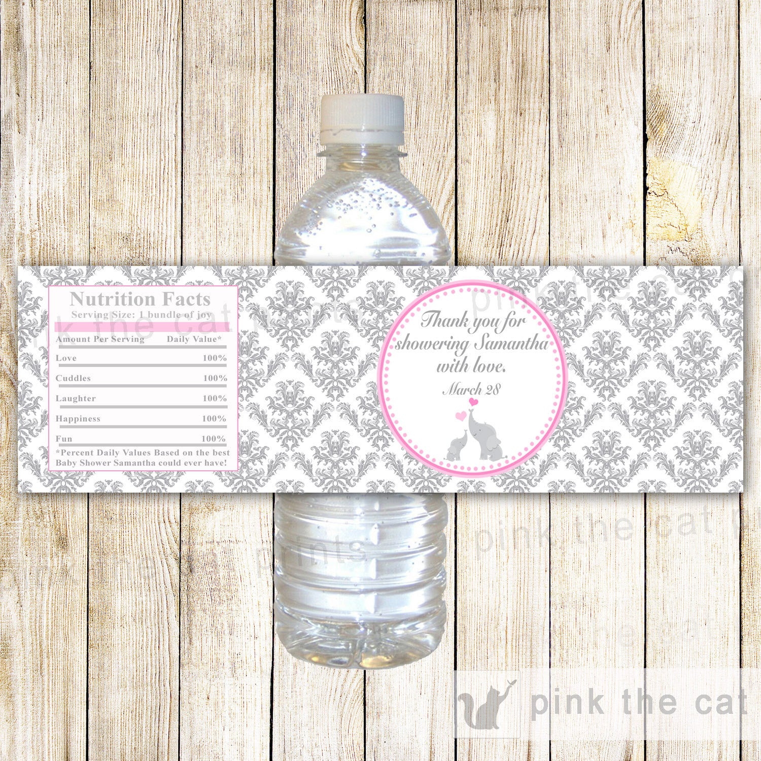 Elephant Bottle Label Baby Girl Shower Pink