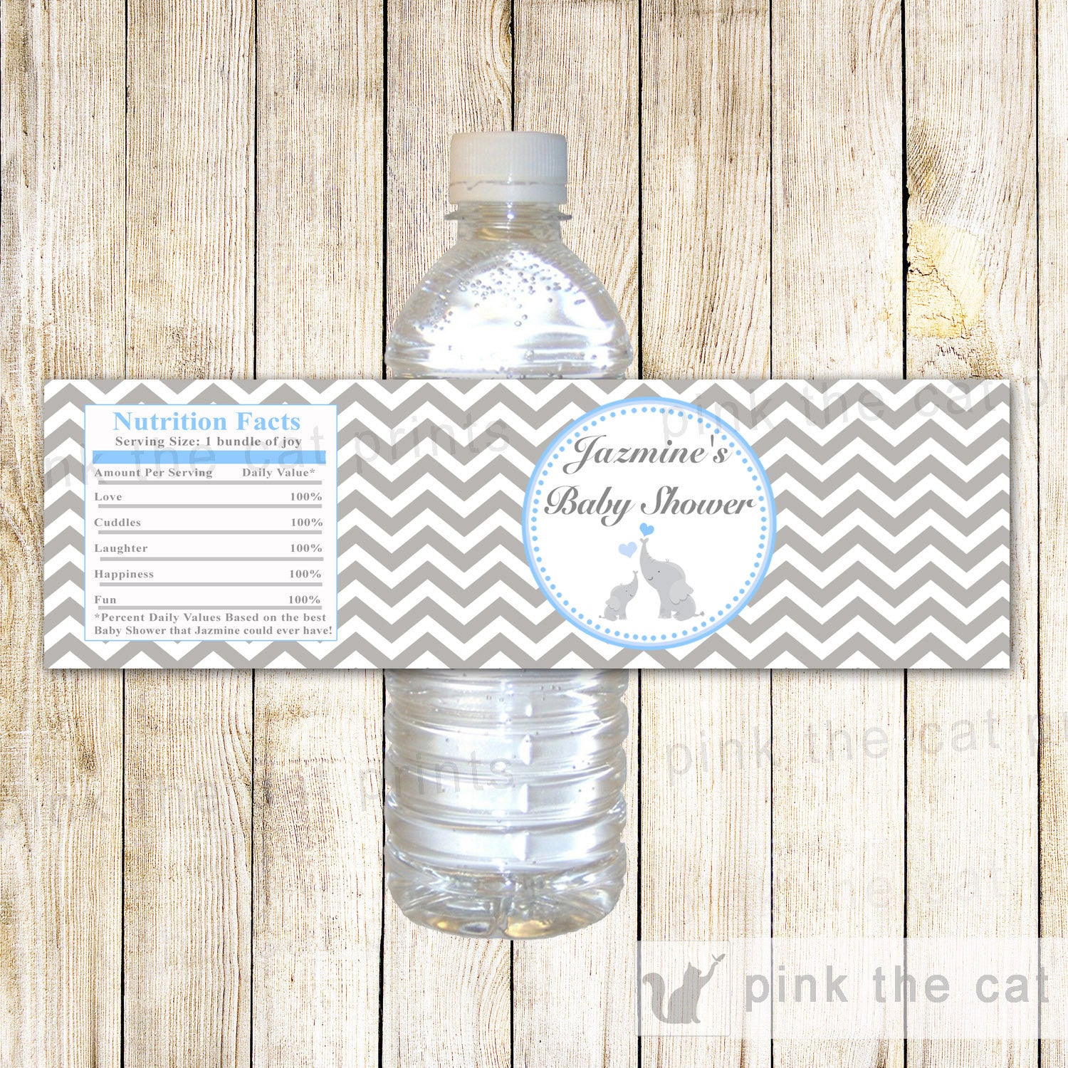 Elephant Bottle Label Baby Shower Blue Grey