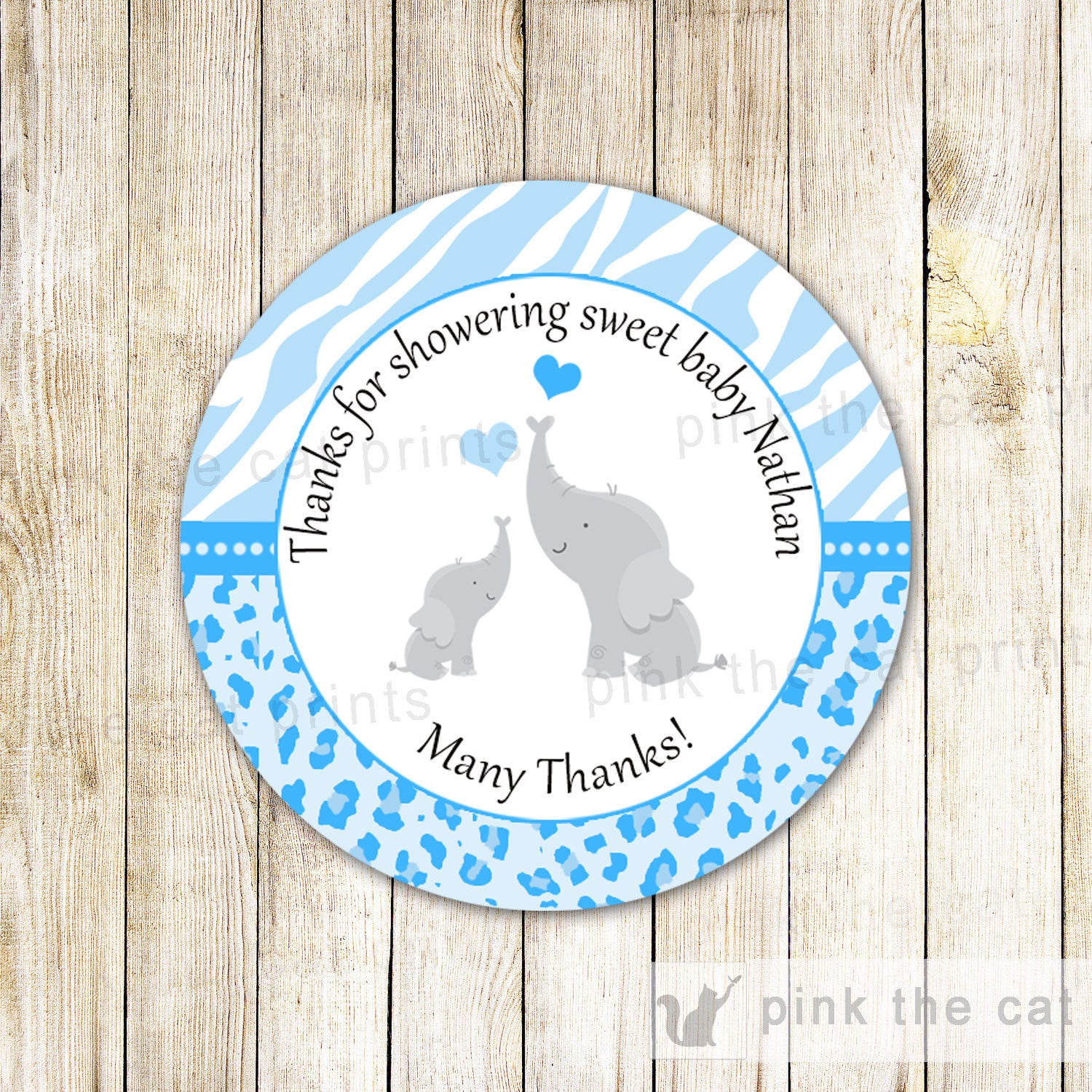 Elephant favor label blue animal print boy baby shower printable