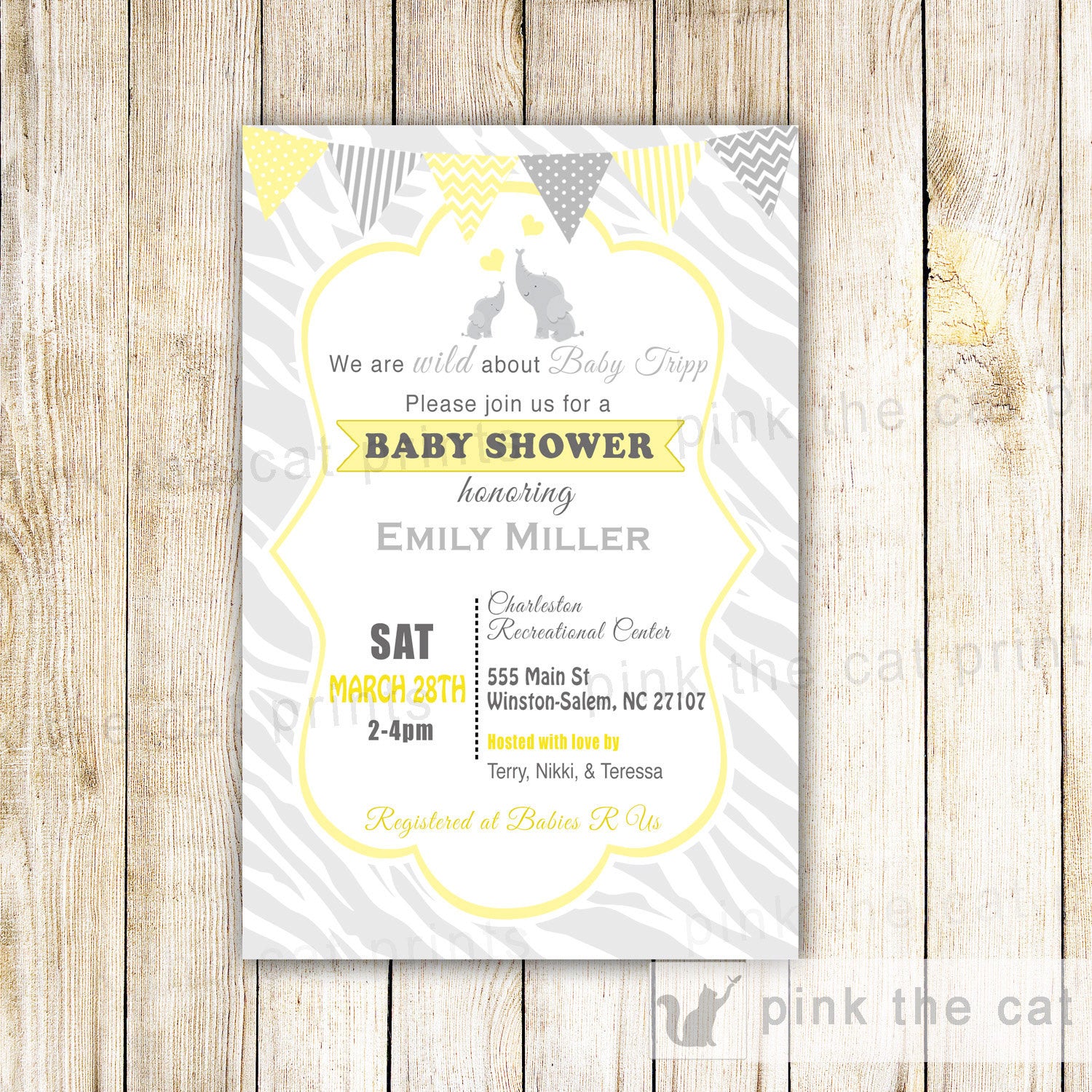elephant zeba yellow grey invitation