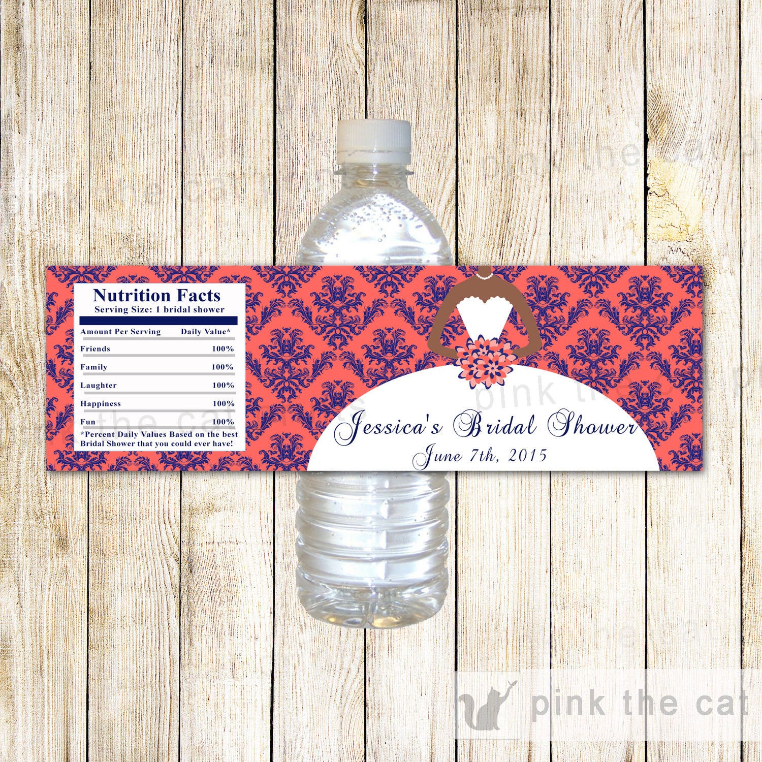 Dress Bridal Shower Bottle Label Coral Navy Blue