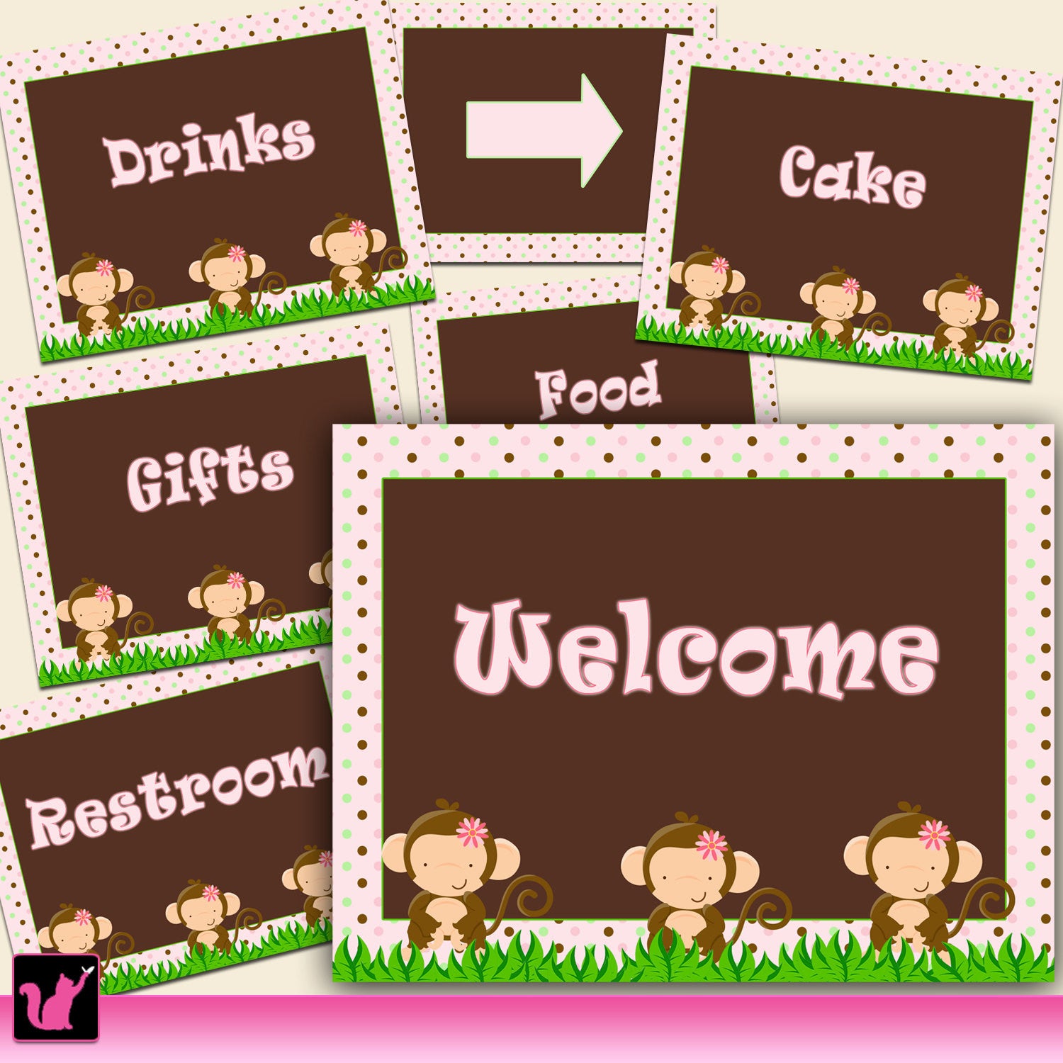 Monkey Party Signs Decoration Birthday Baby Shower – Pink the Cat