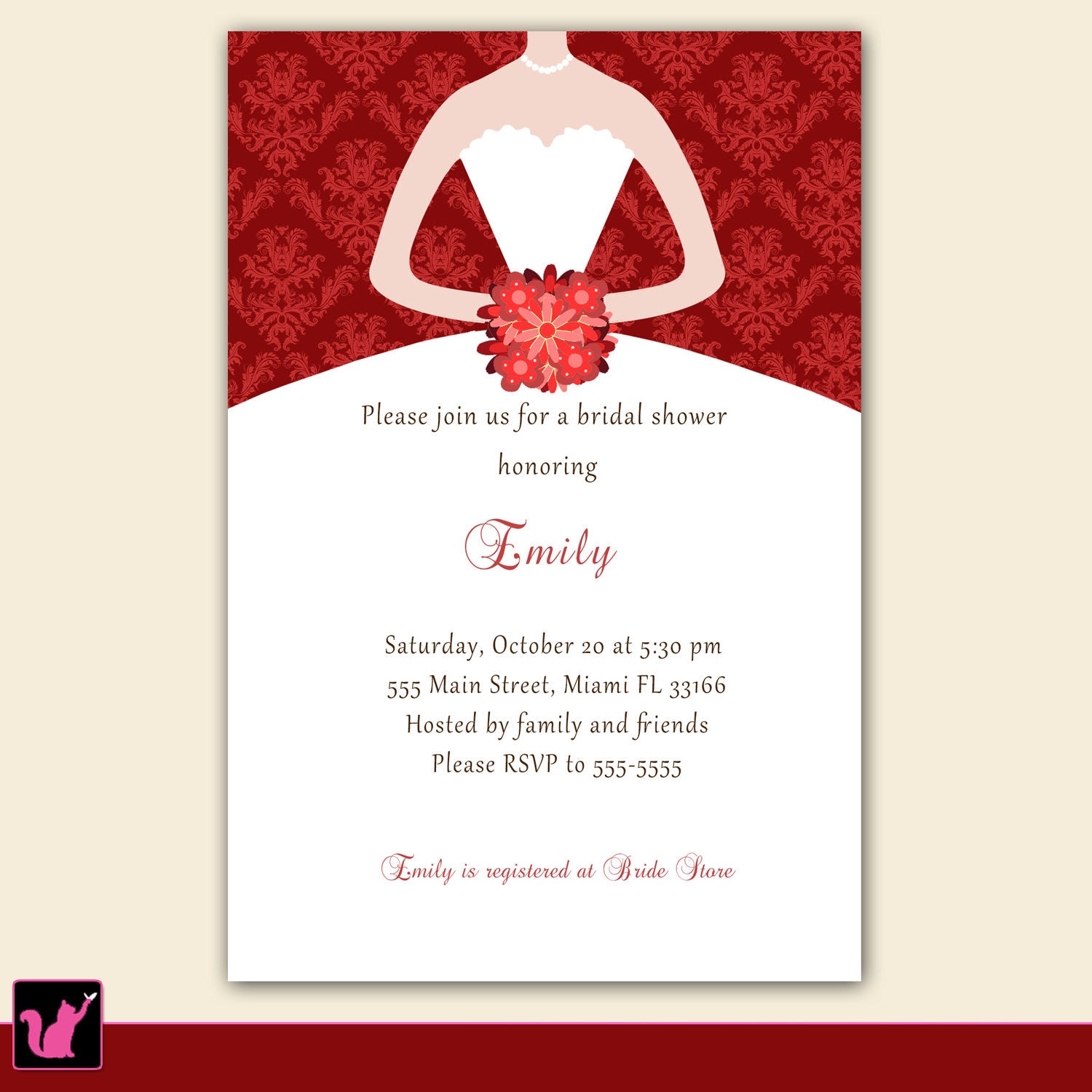 Dress Invitation Bridal Shower Sweet 16 Red Damask Pink the Cat Dress Invitation Bridal Shower Sweet 16 Red Damask Pink the Cat