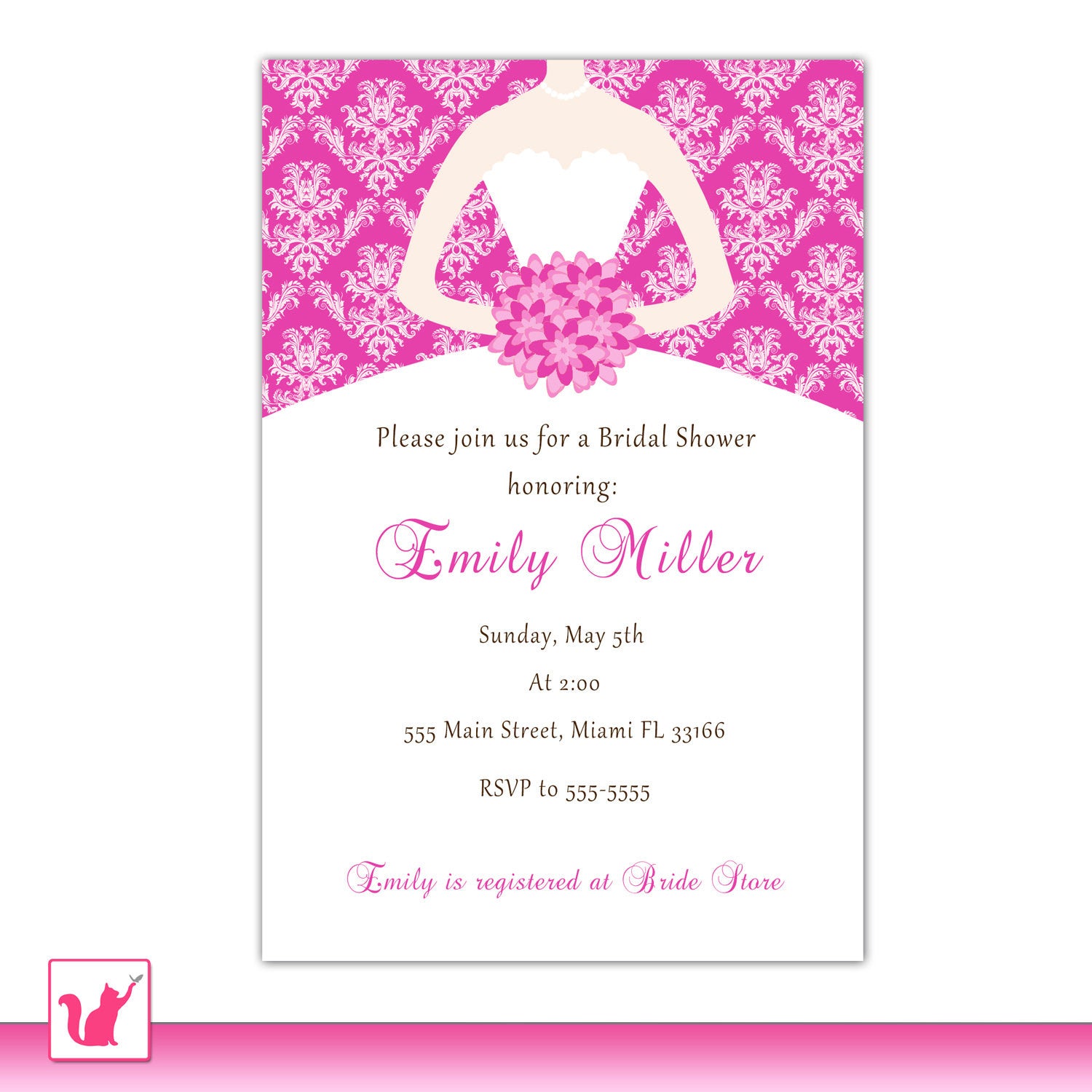 Dress Invitation Bridal Shower Sweet 16 Hot Pink Damask Pink the Cat Dress Invitation Bridal Shower Sweet 16 Hot Pink Damask Pink the Cat