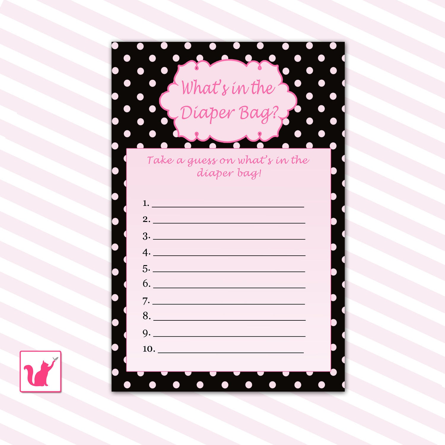 Baby Shower Game Whats In The Diaper Bag Pink Black – Pink the Cat baby-shower-game-whats-in-the-diaper-bag-pink-black-pink-the-cat