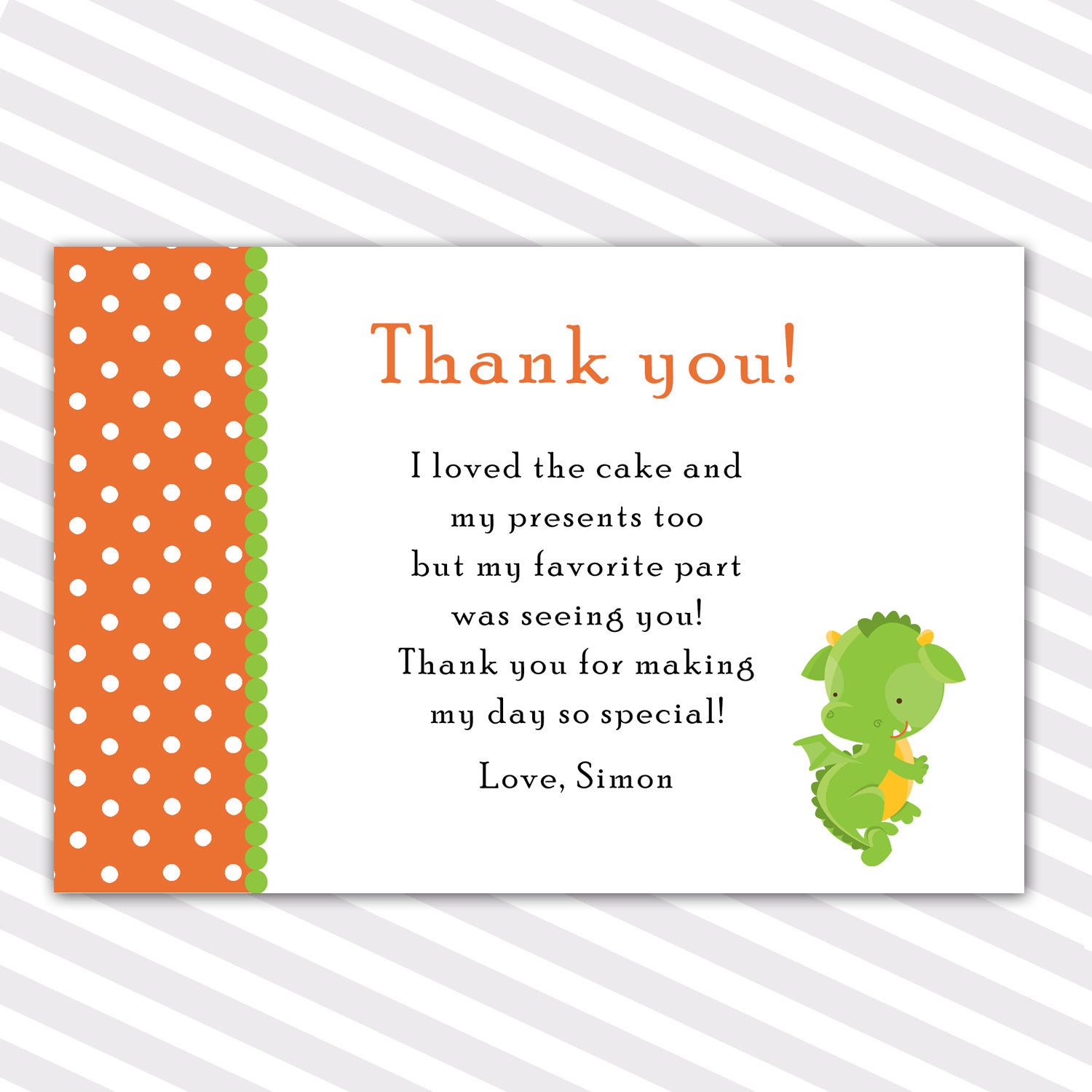 Dragon Thank You Card Orange Green Baby Shower Birthday