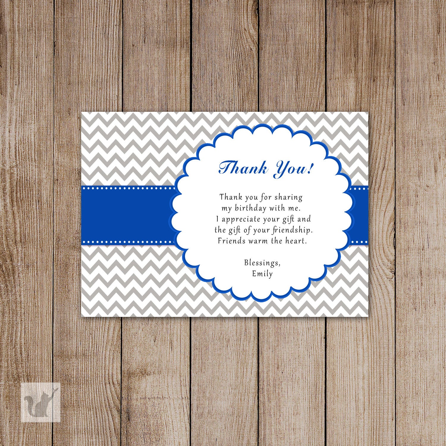 Chevron Grey Blue Thank You Card Birthday Baby Shower