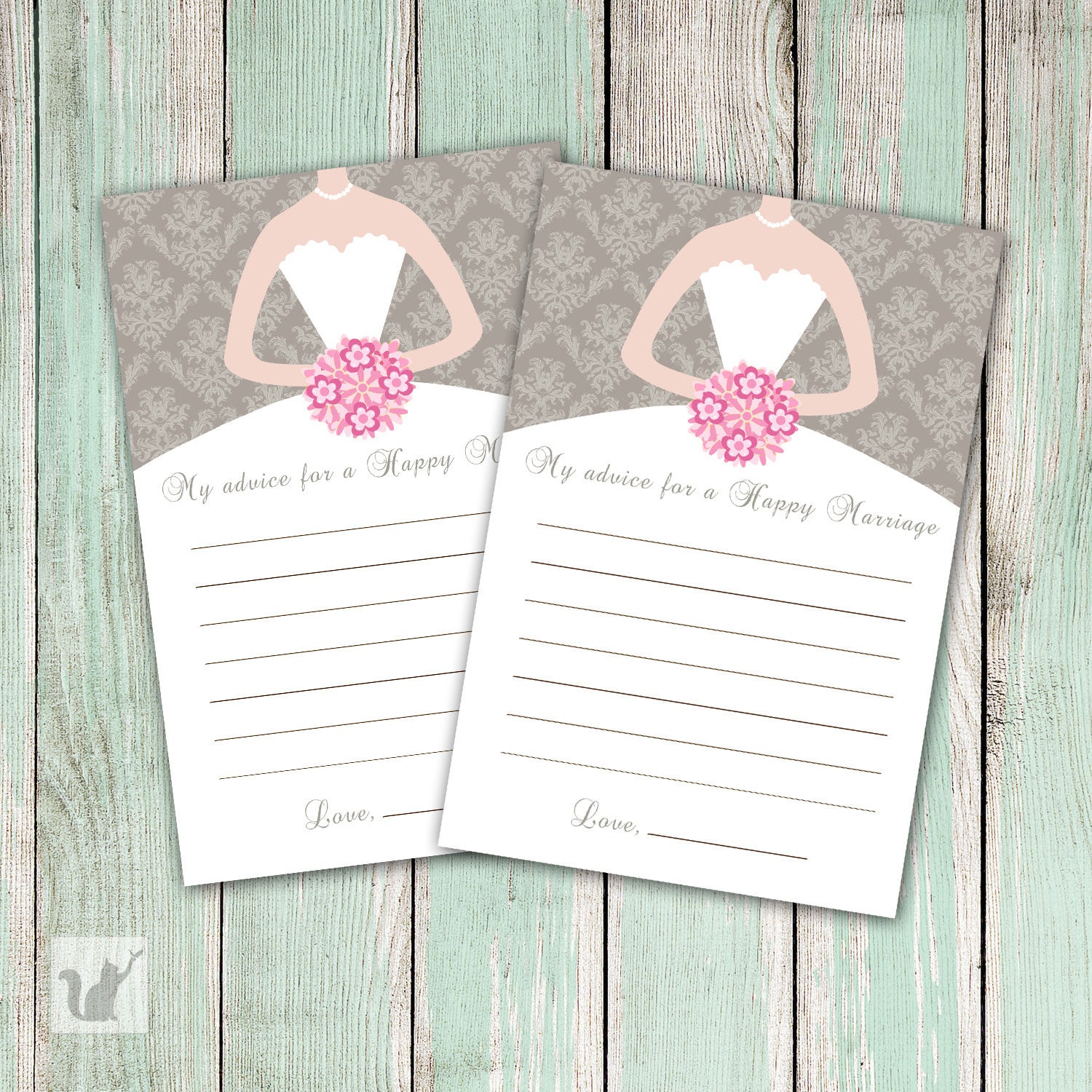 Grey Pink Damask Bridal Shower Advice Cards