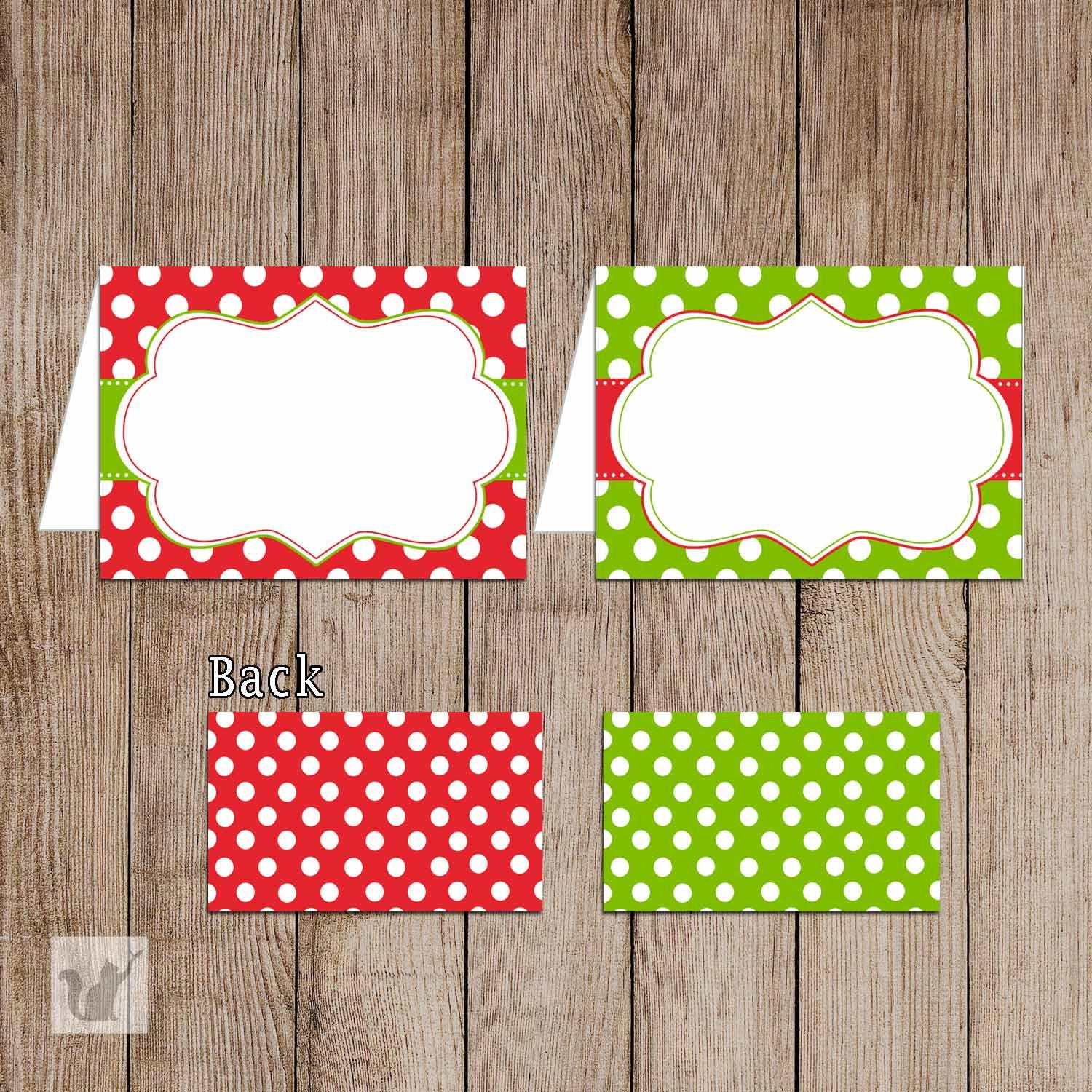 Printable Merry Christmas Folded Tent Card - Polka Dots Green Red Merry Xmas Gift Favor Printable New Year Decoration Editable File ID