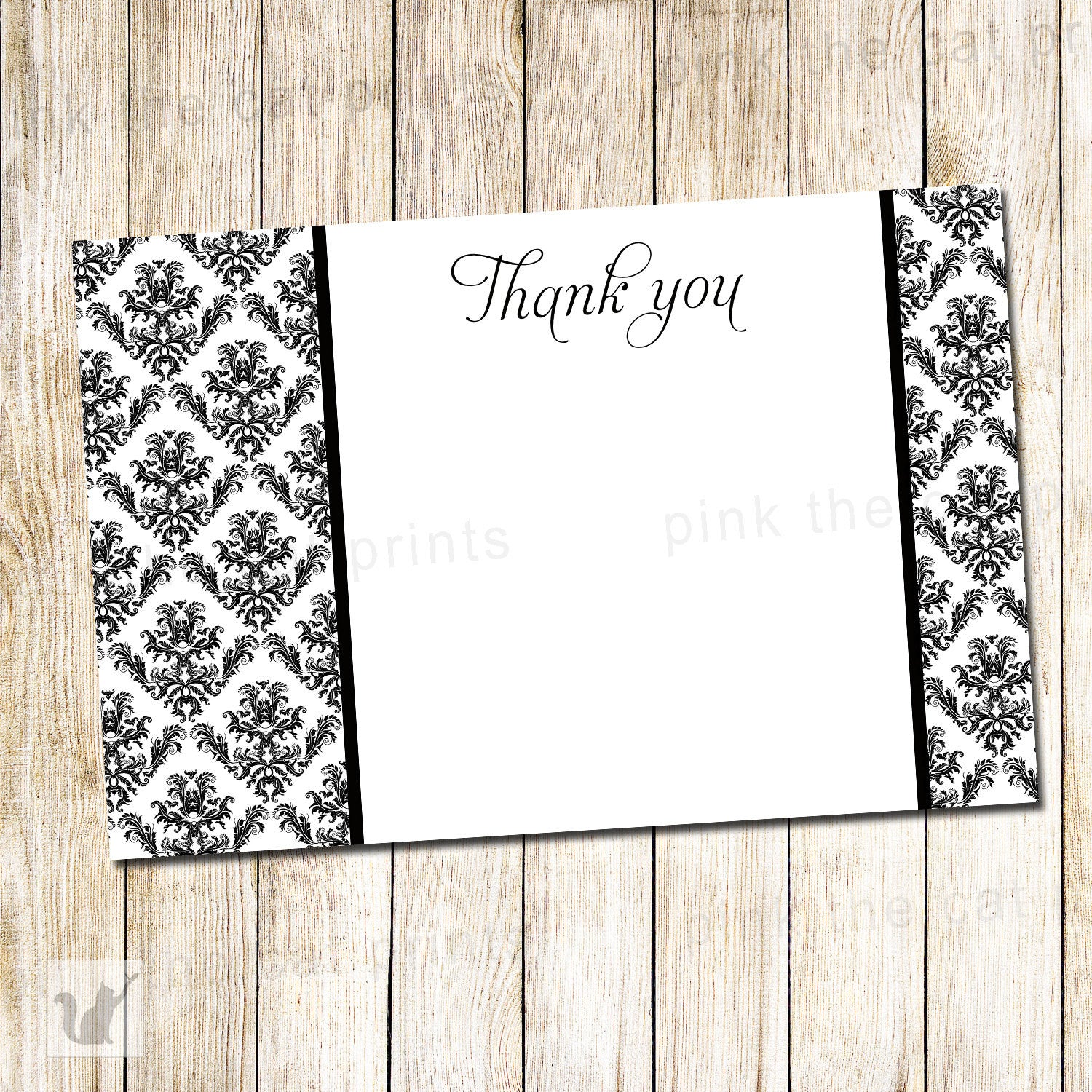 printable black white damask blank thank you card note - wedding