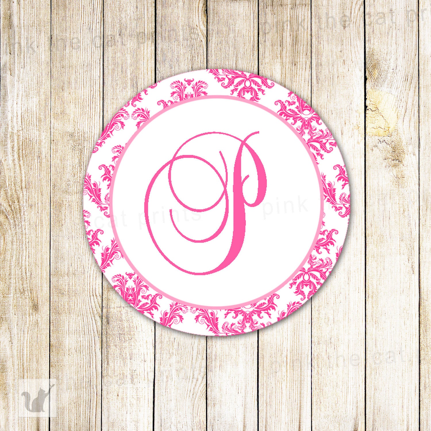 Hot Pink Damask Monogram Bridal Shower Birthday Tag Sticker Label