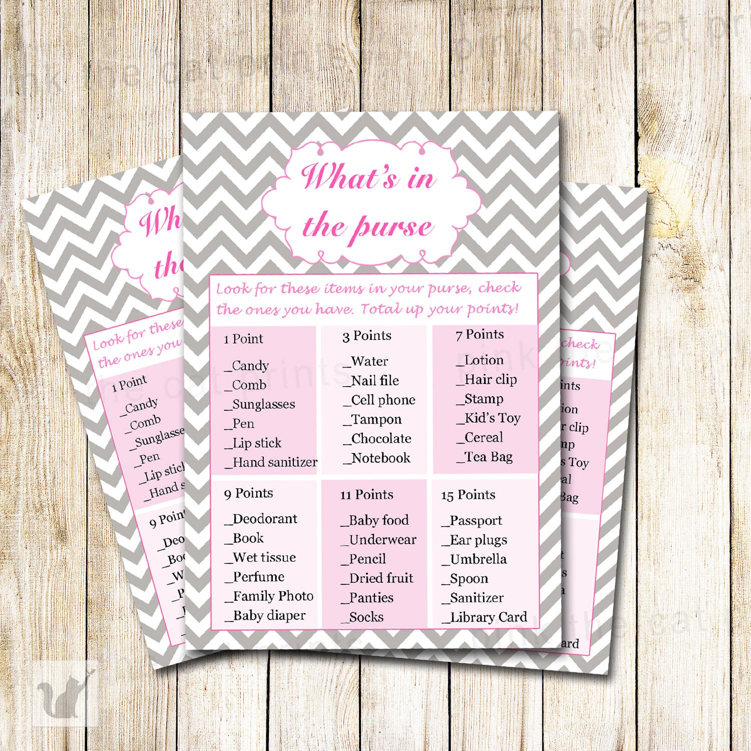 Whats In The Purse Bridal Shower Game Pink Chevron – Pink the Cat