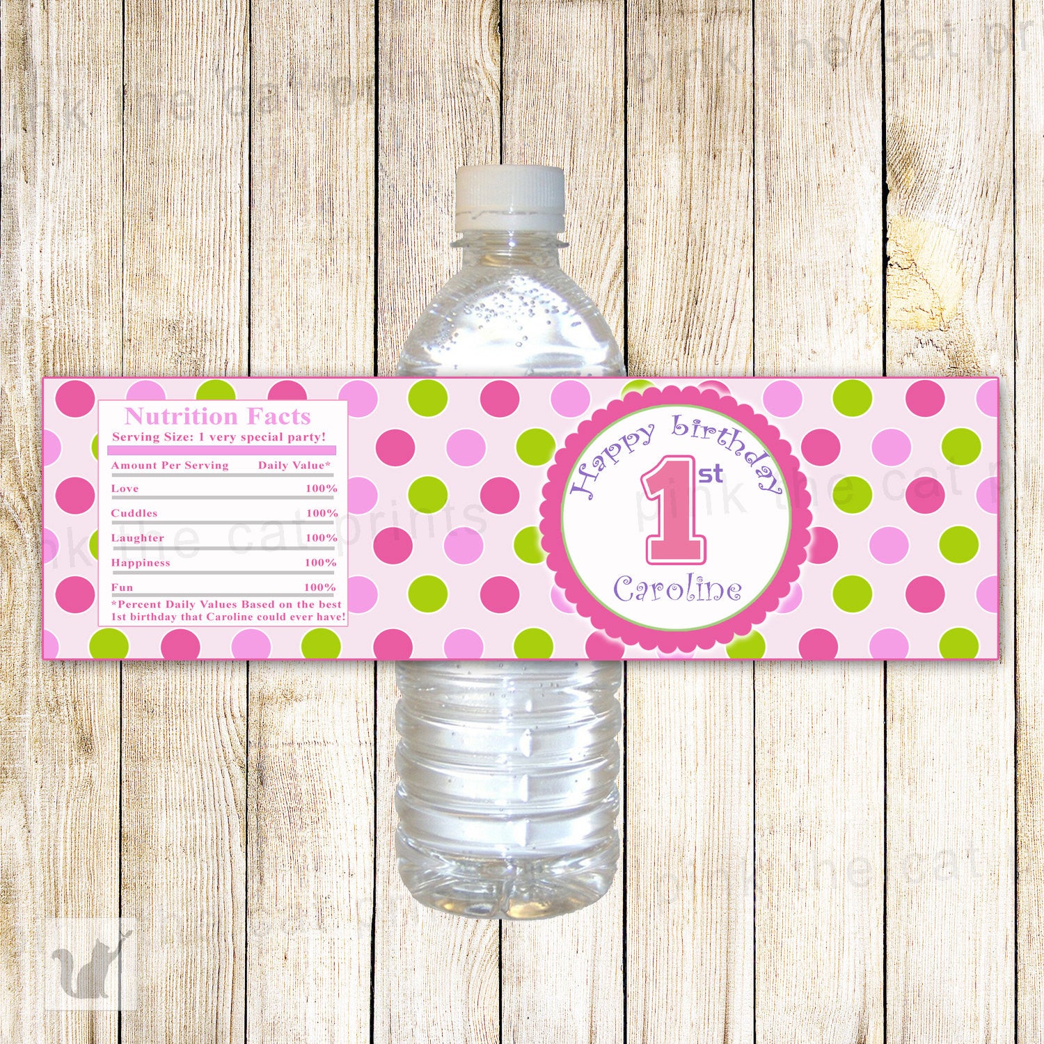 Girl 1st Birthday Bottle Label Pink Green Dots