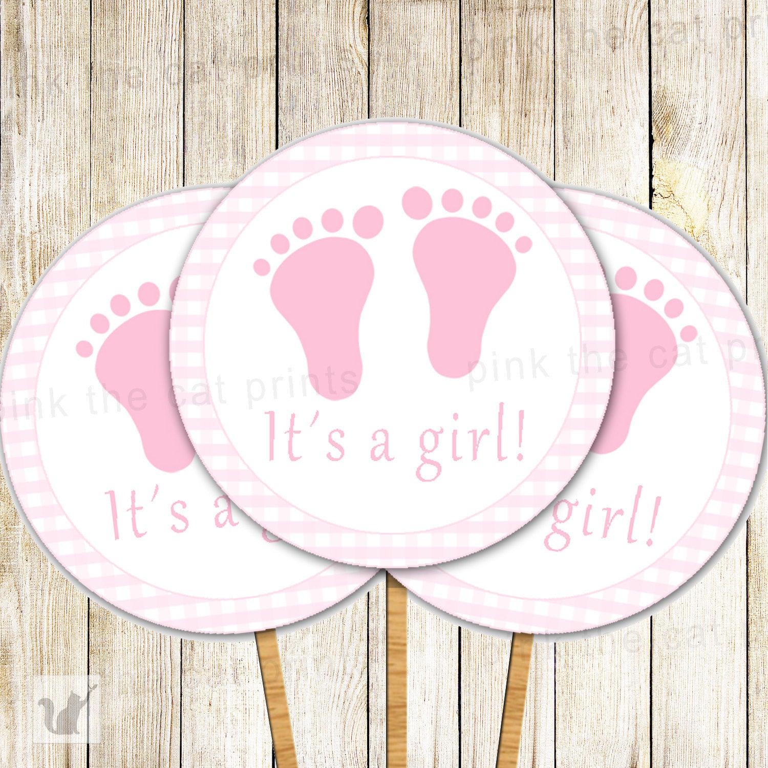 Gingham Cupcake Toppers Baby Girl Shower Pink