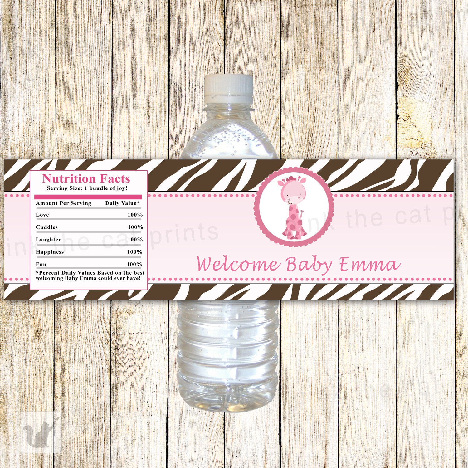 Giraffe Bottle Label Pink Brown Birthday Baby Shower
