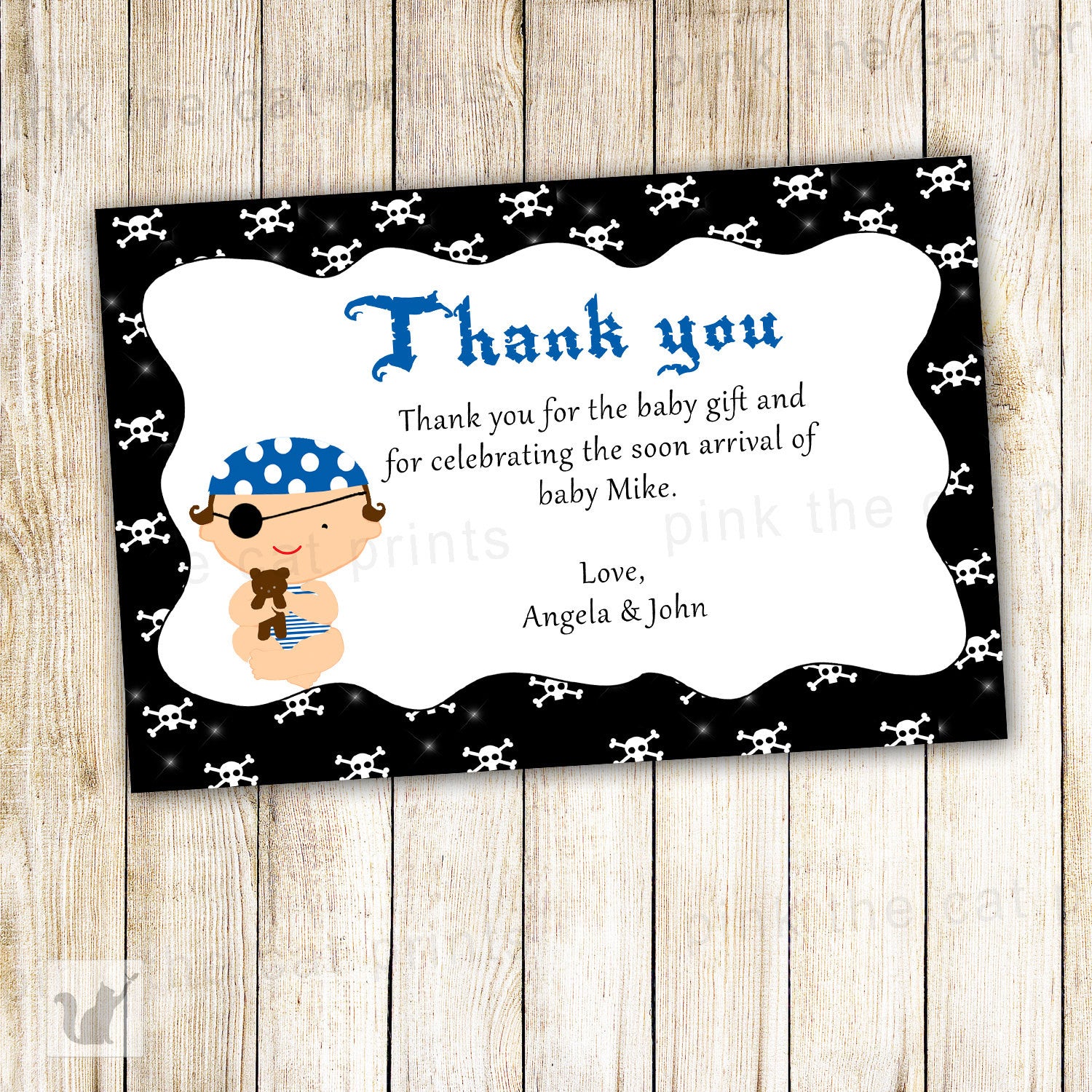 pirate thank you card baby boy shower – pink the cat