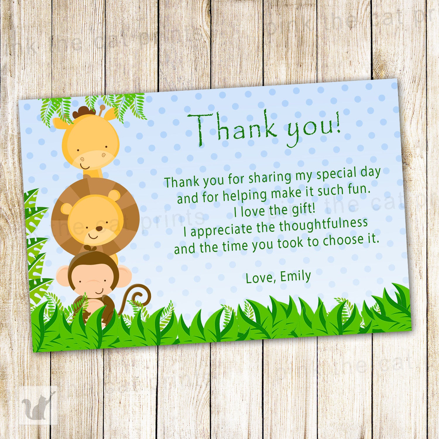 indhold Hæl sund fornuft Jungle Thank You Card Note Baby Shower Boy Birthday Blue – Pink the Cat