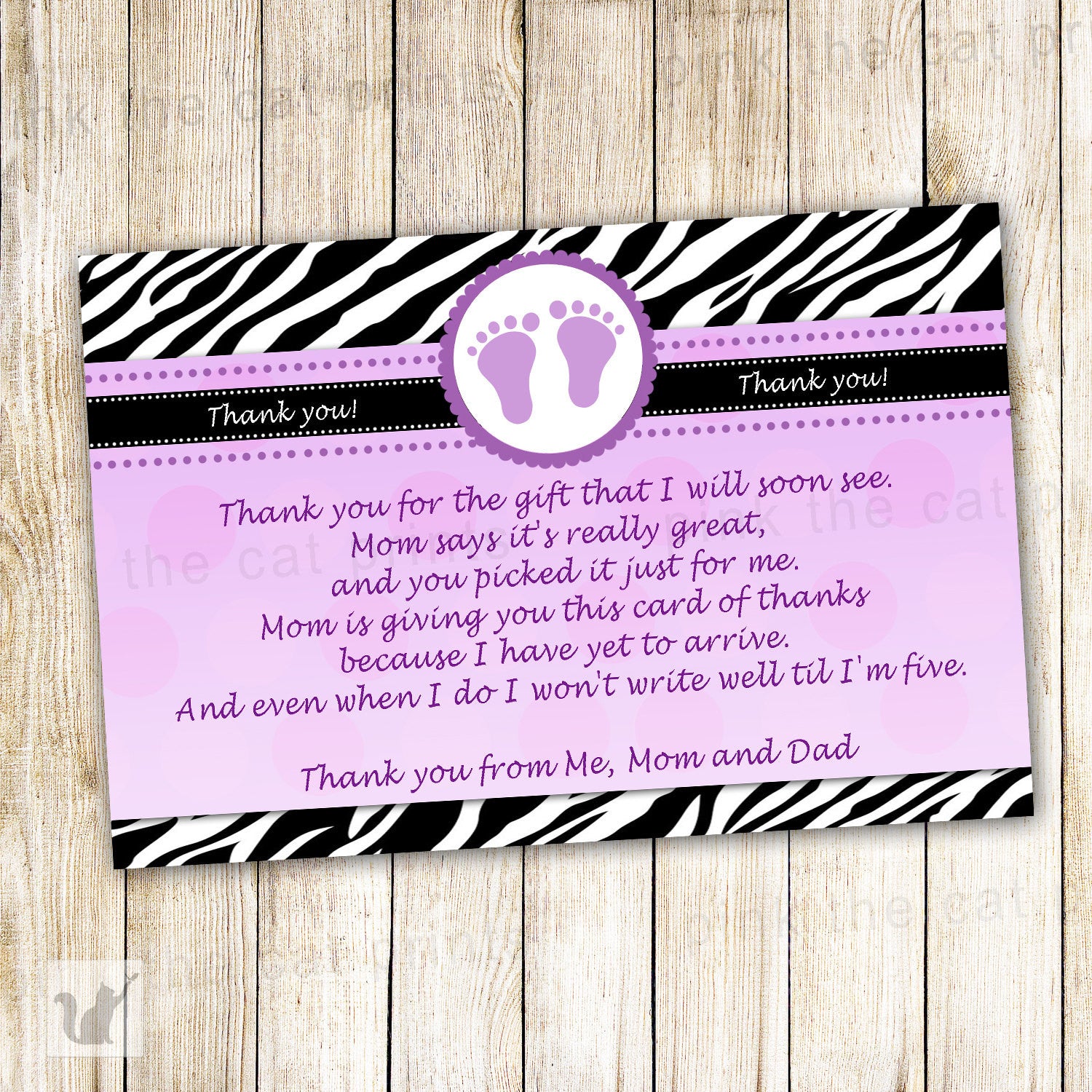 Footprints Purple Zebra Baby Shower Thank You Card Printable