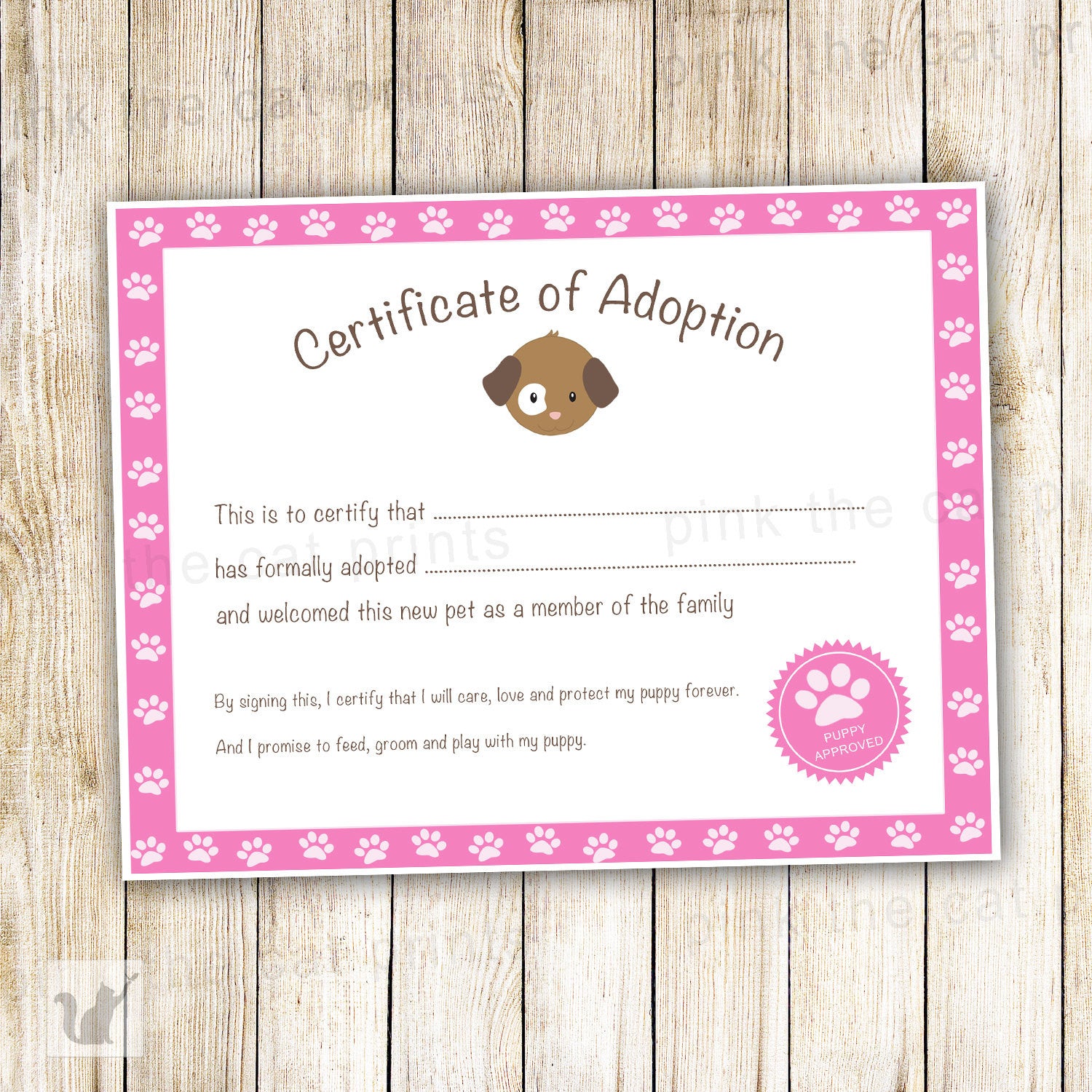 certificate-of-adoption-puppy-birthday-party-pink-pink-the-cat for Pet Adoption Certificate Free Printable Certificate of Adoption Puppy Birthday Party Pink – Pink the Cat for Pet Adoption Certificate Free Printable