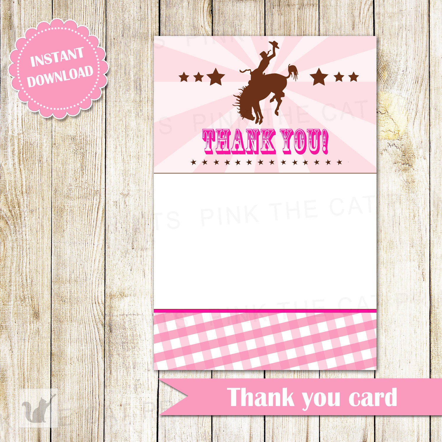 Cowgirl Thank You Card Note Blank Pink Brown Birthday Baby Shower