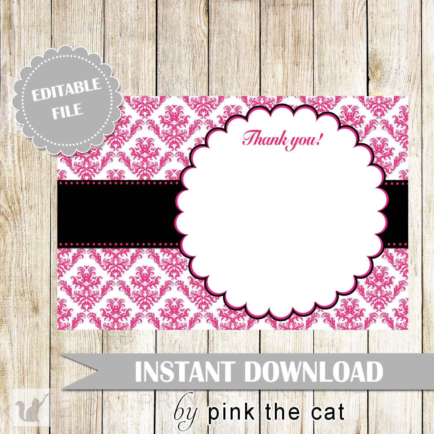 Damask Thank You Card Hot Pink Black Birthday Bridal Shower