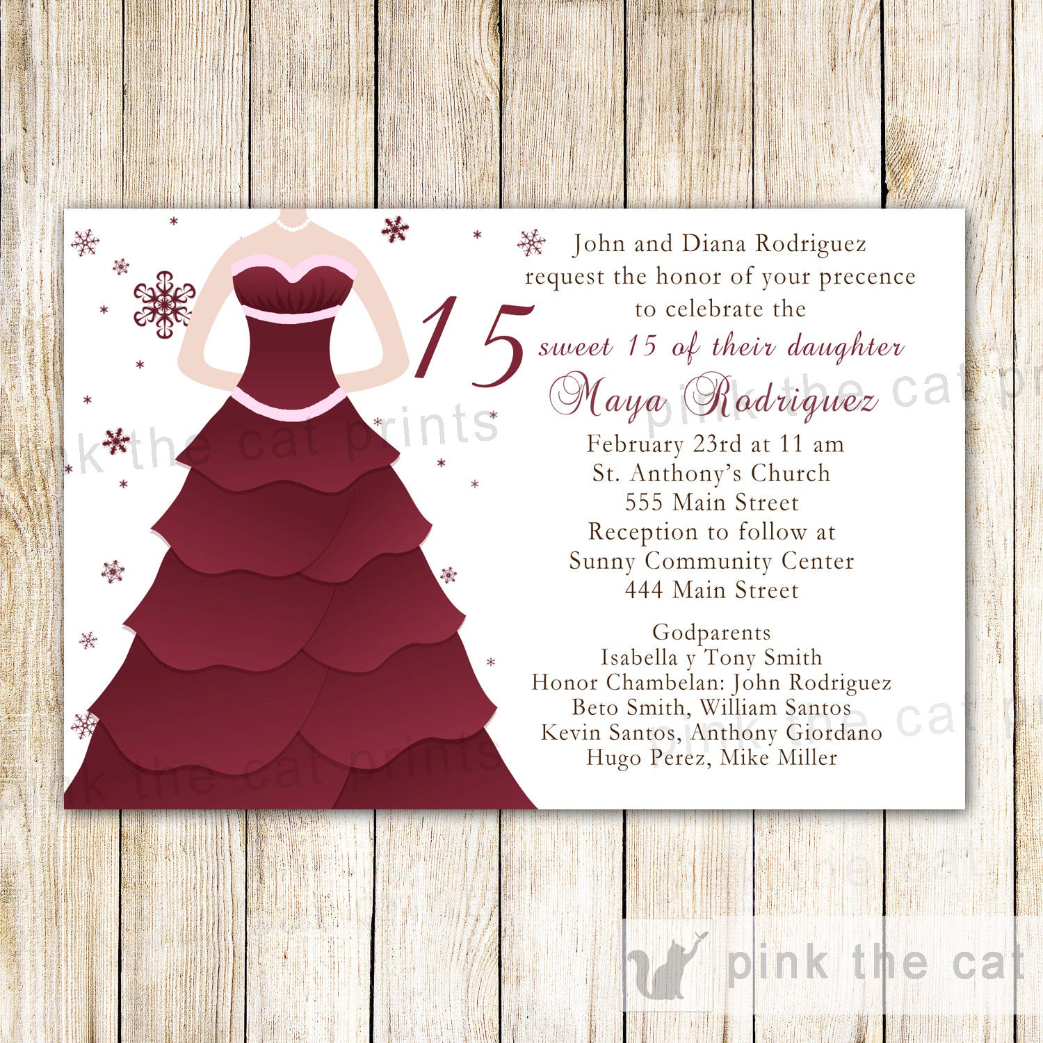 Winter Invitations Quinceanera Sweet 16 Burgundy Dress Pink the Cat Winter Invitations Quinceanera Sweet 16 Burgundy Dress Pink the Cat