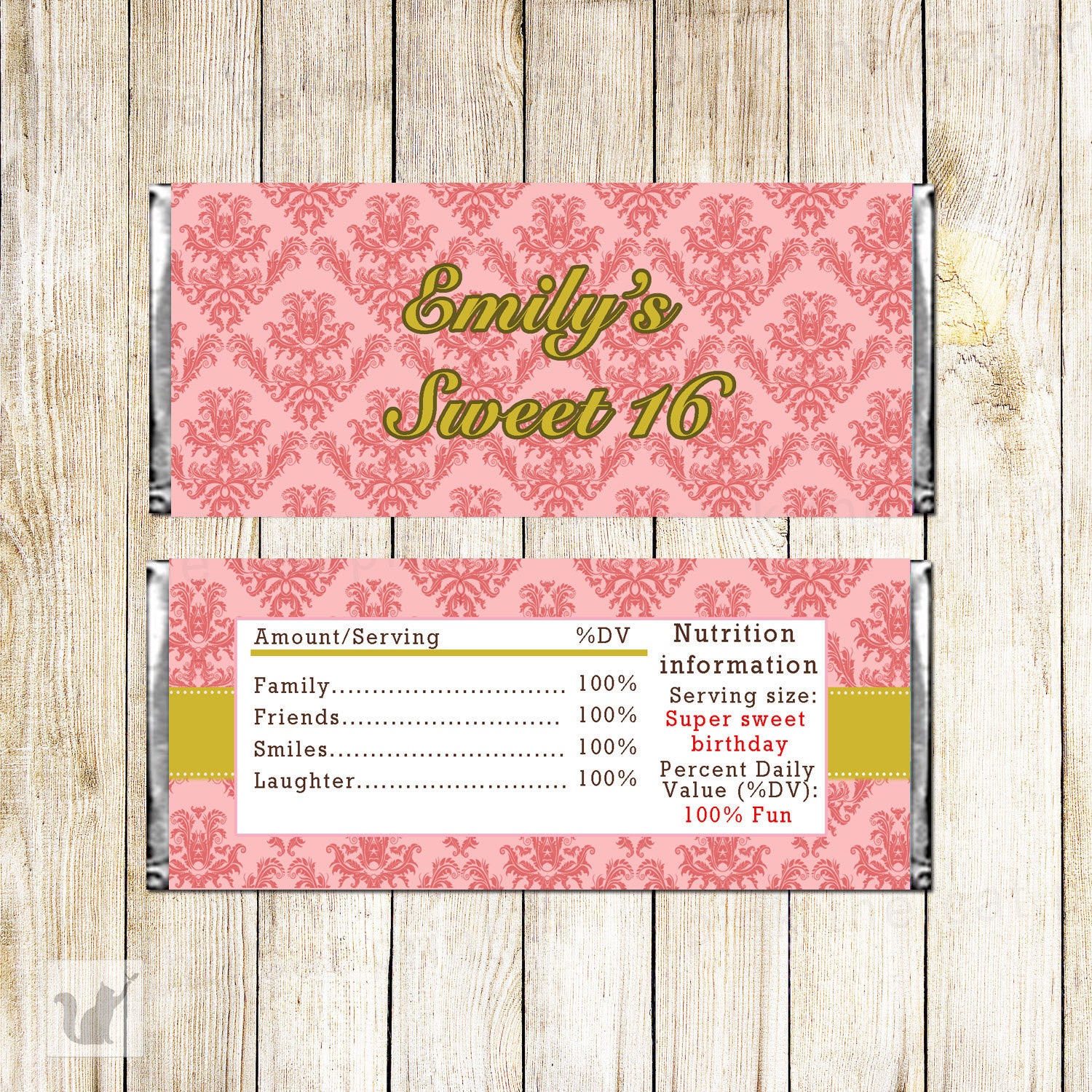 Gold Coral Candy Bar Wrapper Birthday Sweet 16 Label