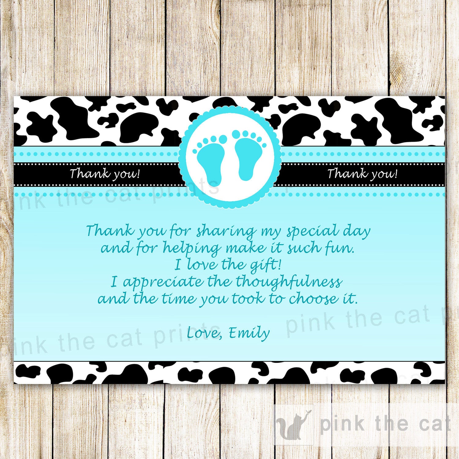 Cow Baby Boy Shower Thank You Card Note Turquoise