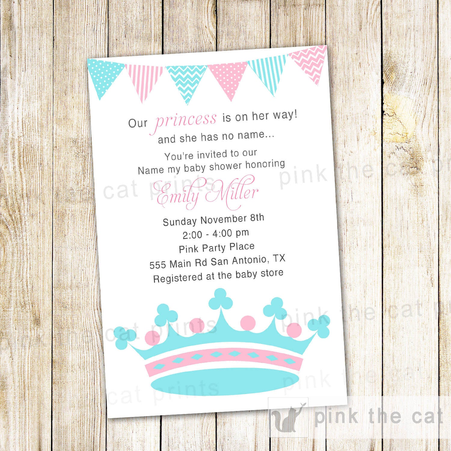Princess Invitation Name My Baby Shower – Pink the Cat