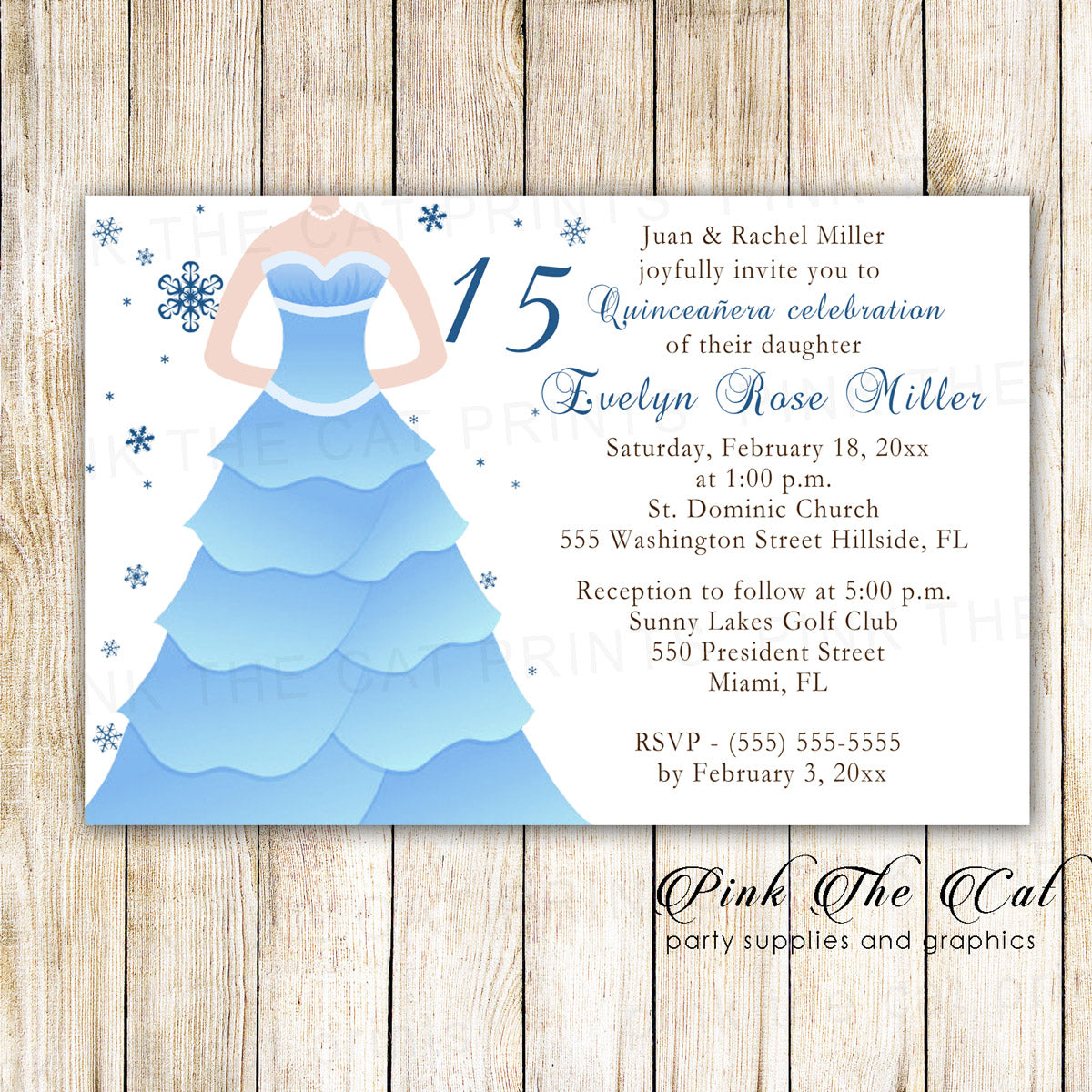 Winter wonderland invitation blue dress 15 birthday sweet 16 custom Pink the Cat Winter wonderland invitation blue dress 15 birthday sweet 16 custom Pink the Cat