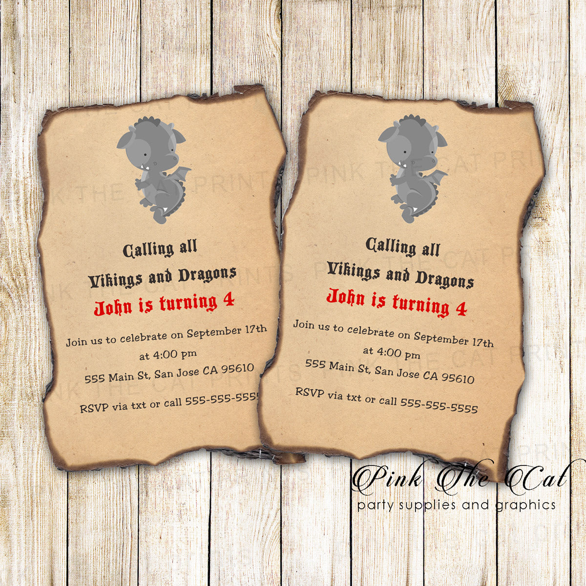Dragon Invitation Kids Birthday Burned Paper Printable