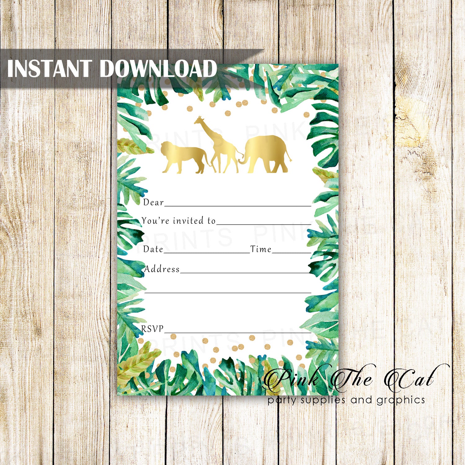 Jungle Invitation Fill In Blank Gold Green Birthday Printable – Pink the Cat jungle-invitation-fill-in-blank-gold-green-birthday-printable-pink-the-cat