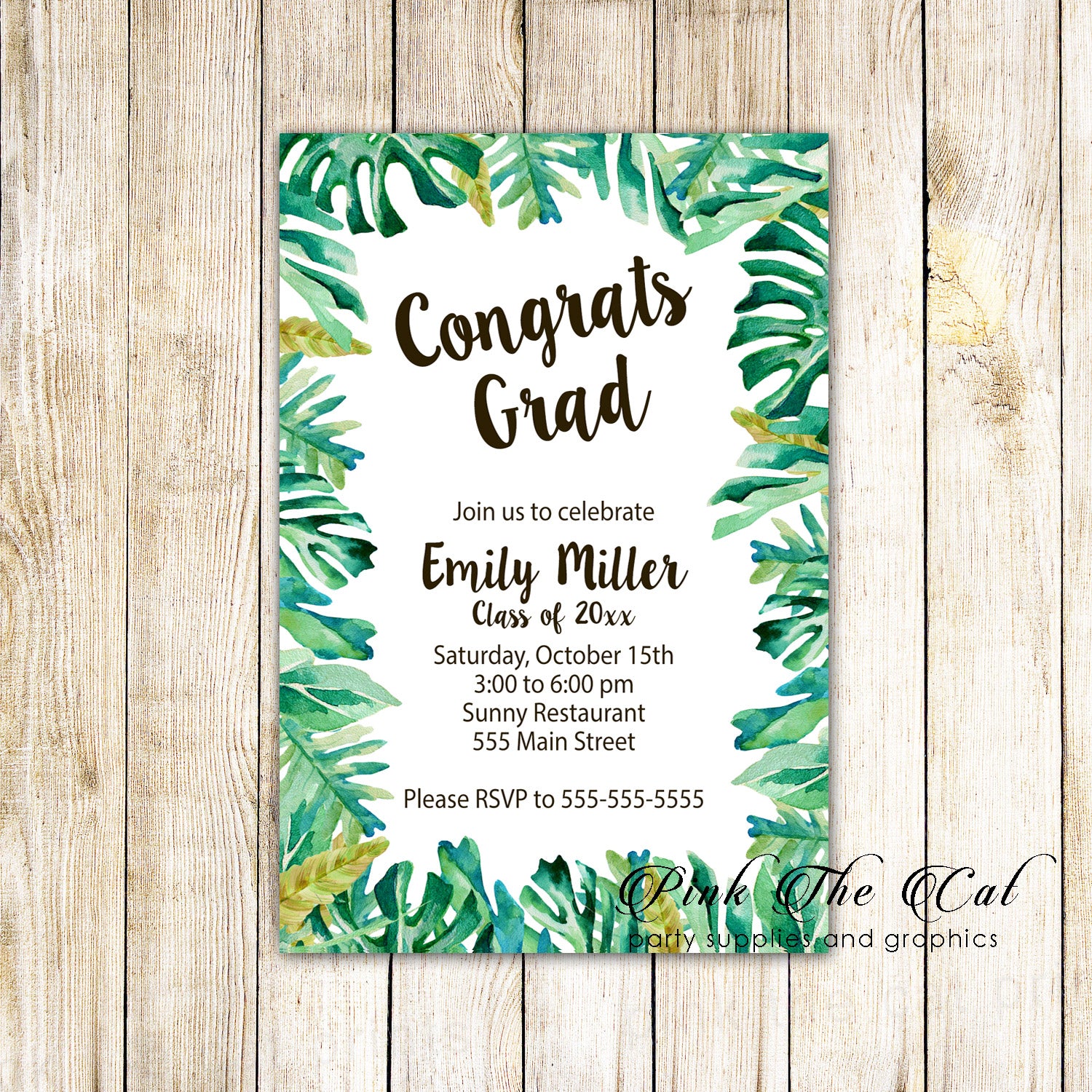 Botanical Graduation Unisex Invitation Tropical Printable Personalized Pink the Cat Botanical Graduation Unisex Invitation Tropical Printable Personalized Pink the Cat