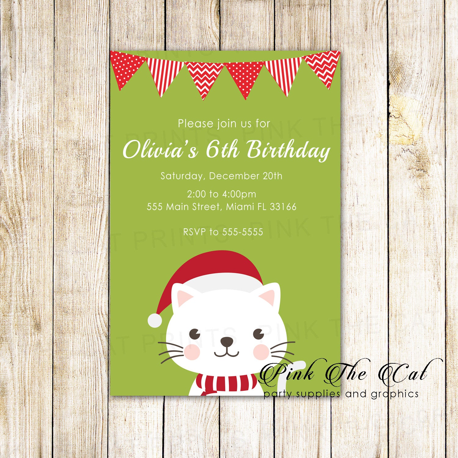 Holiday kids birthday invitations kitten green red printable – Pink the Cat holiday-kids-birthday-invitations-kitten-green-red-printable-pink-the-cat