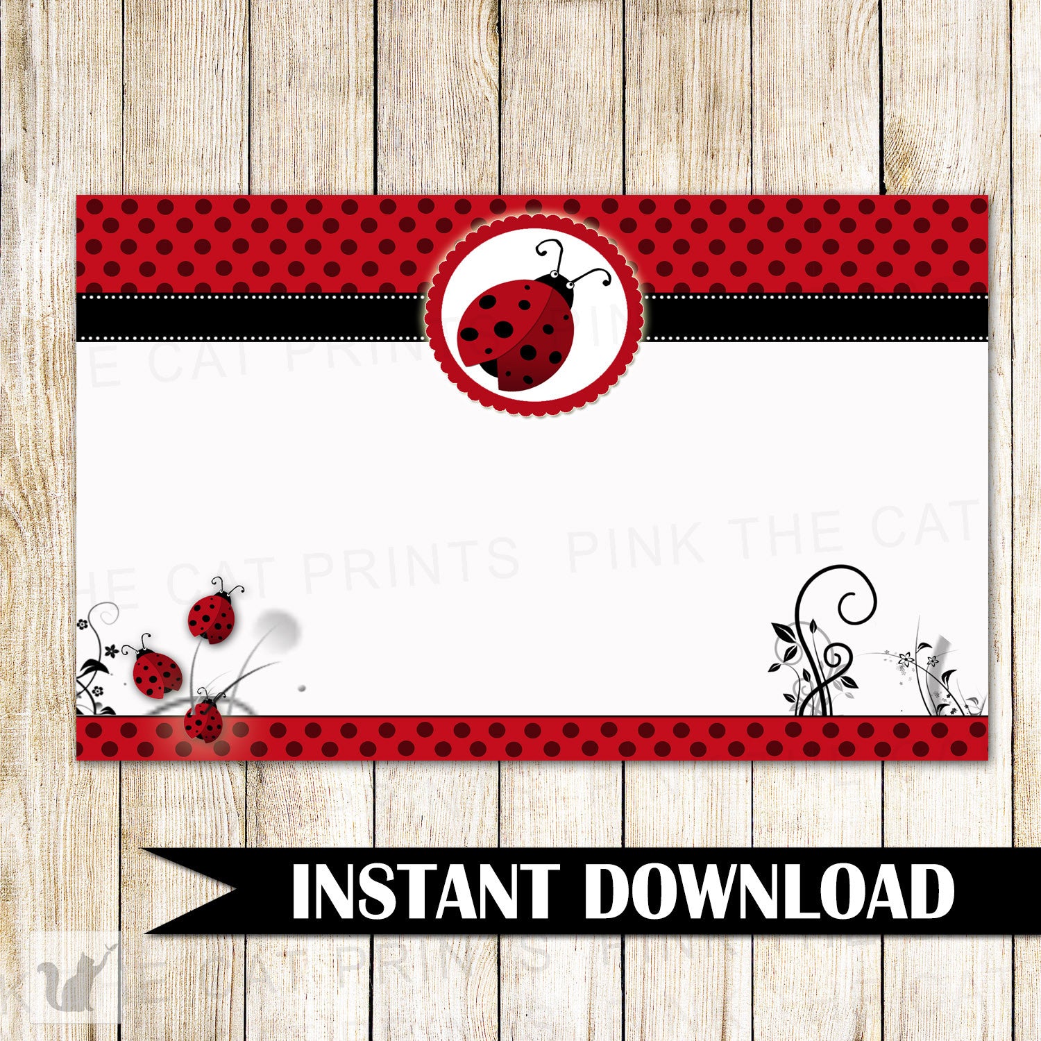 Ladybug Blank Card Invitation Thank You Note Birthday Baby Shower – Pink the Cat ladybug-blank-card-invitation-thank-you-note-birthday-baby-shower-pink-the-cat