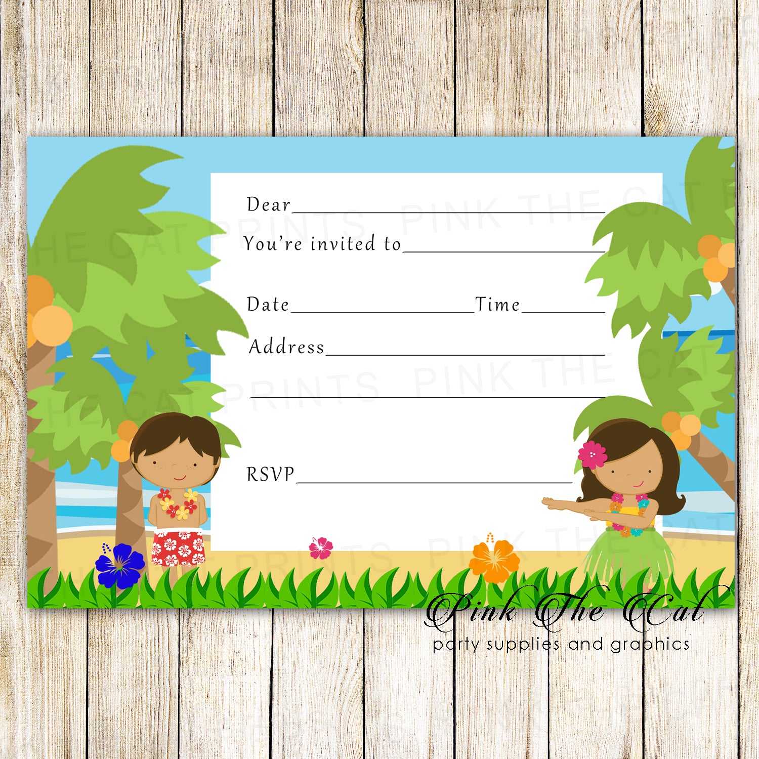 30 hawaiian luau kids birthday party invitations fill in the blanks – Pink the Cat 30-hawaiian-luau-kids-birthday-party-invitations-fill-in-the-blanks-pink-the-cat