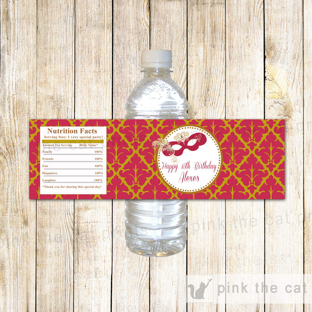 masquerade-bottle-label-carnival-party-printable-sweet-16-birthday-pink-the-cat for Free Printable Carnival Water Bottle Labels Masquerade Bottle Label Carnival Party Printable Sweet 16 Birthday – Pink the Cat for Free Printable Carnival Water Bottle Labels