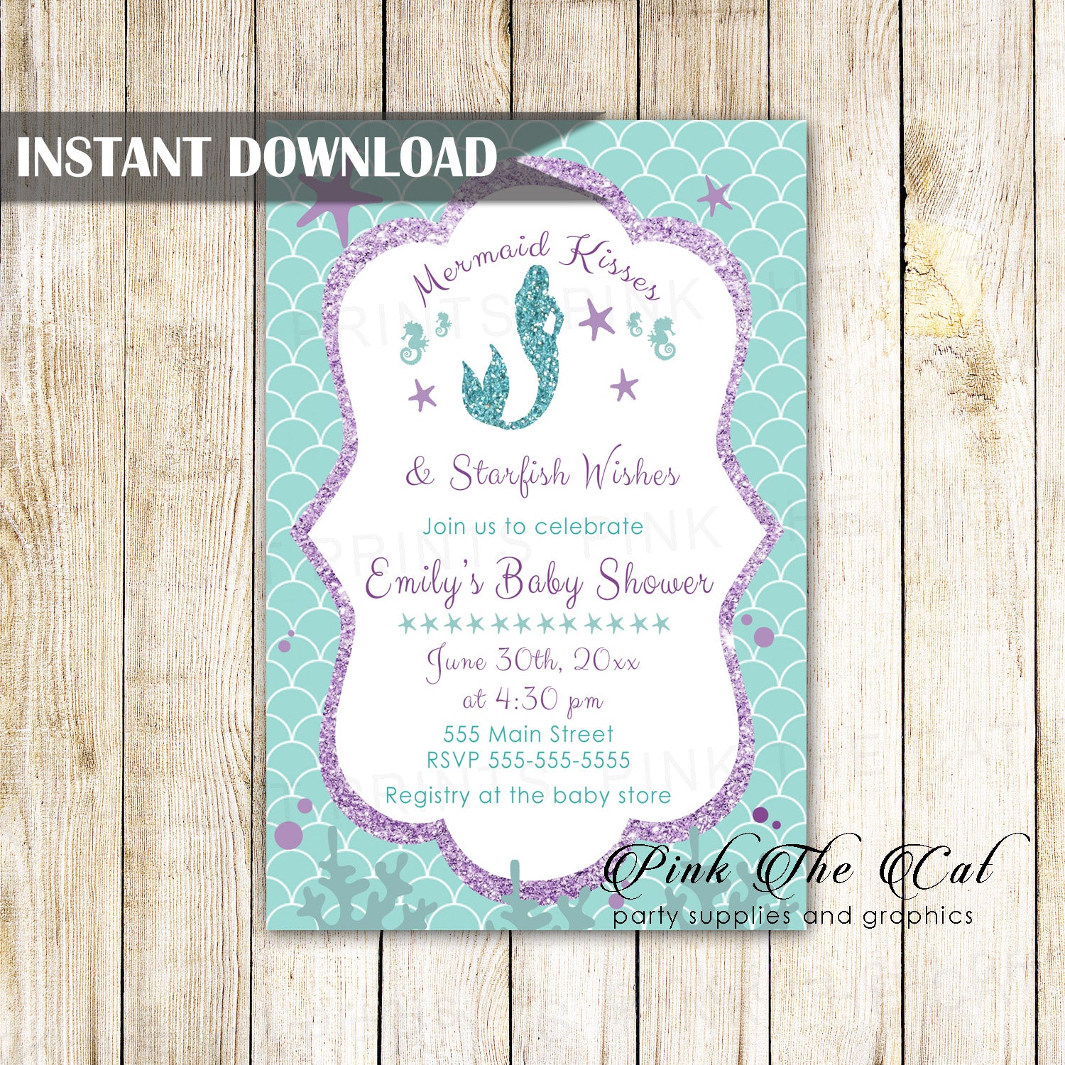 Mermaid girl baby shower invitation purple teal glitter printable