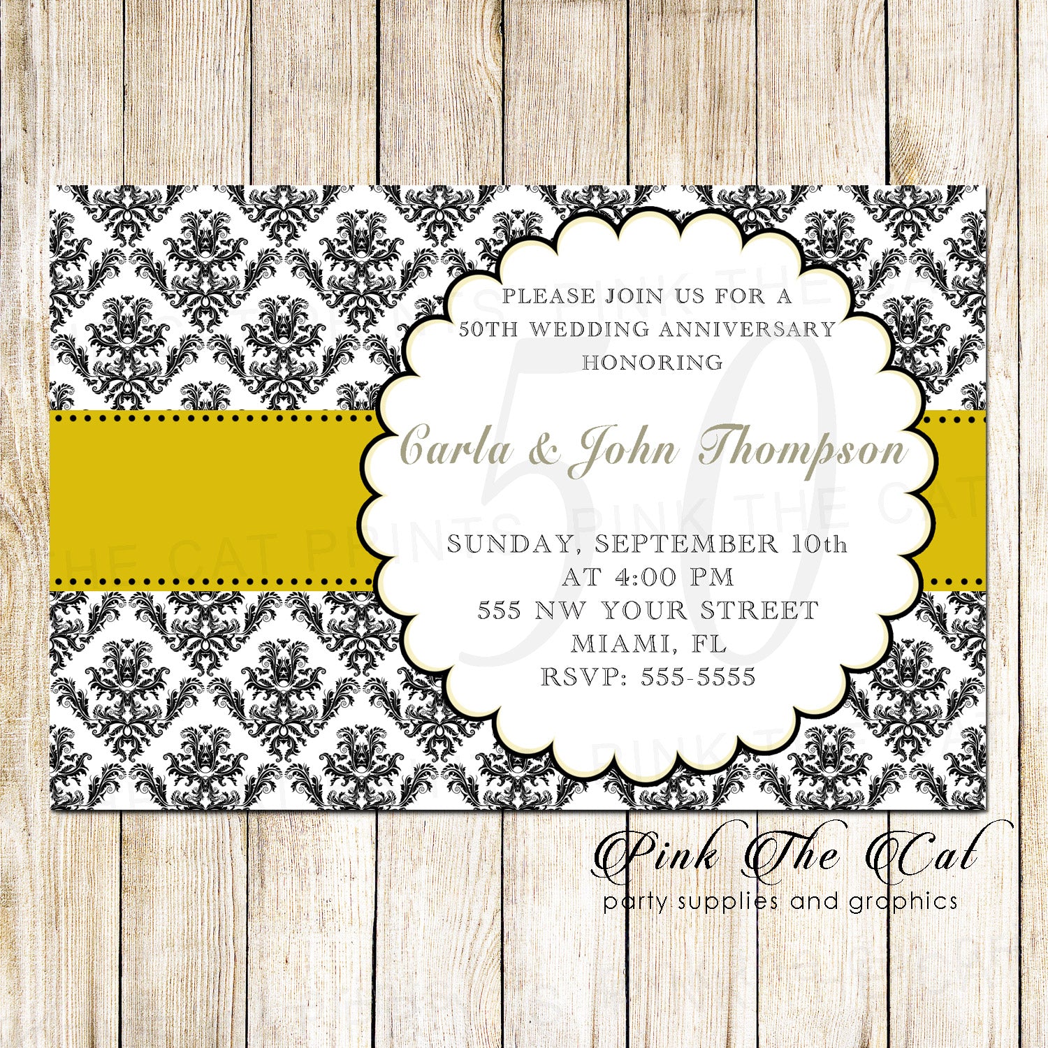 Wedding anniversary invitation gold black printable