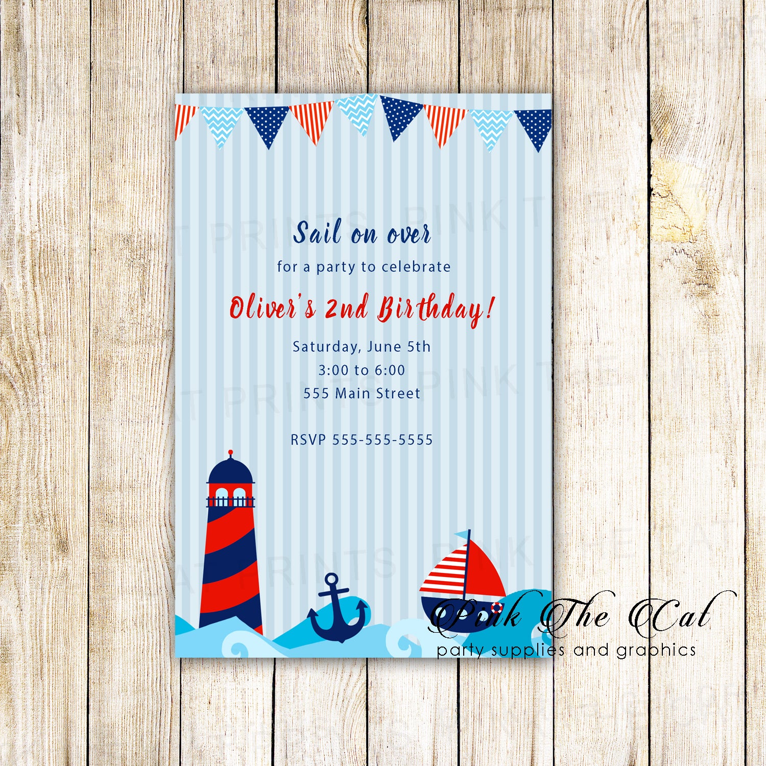 Nautical birthday invitation sailing navy blue red printable – Pink the Cat