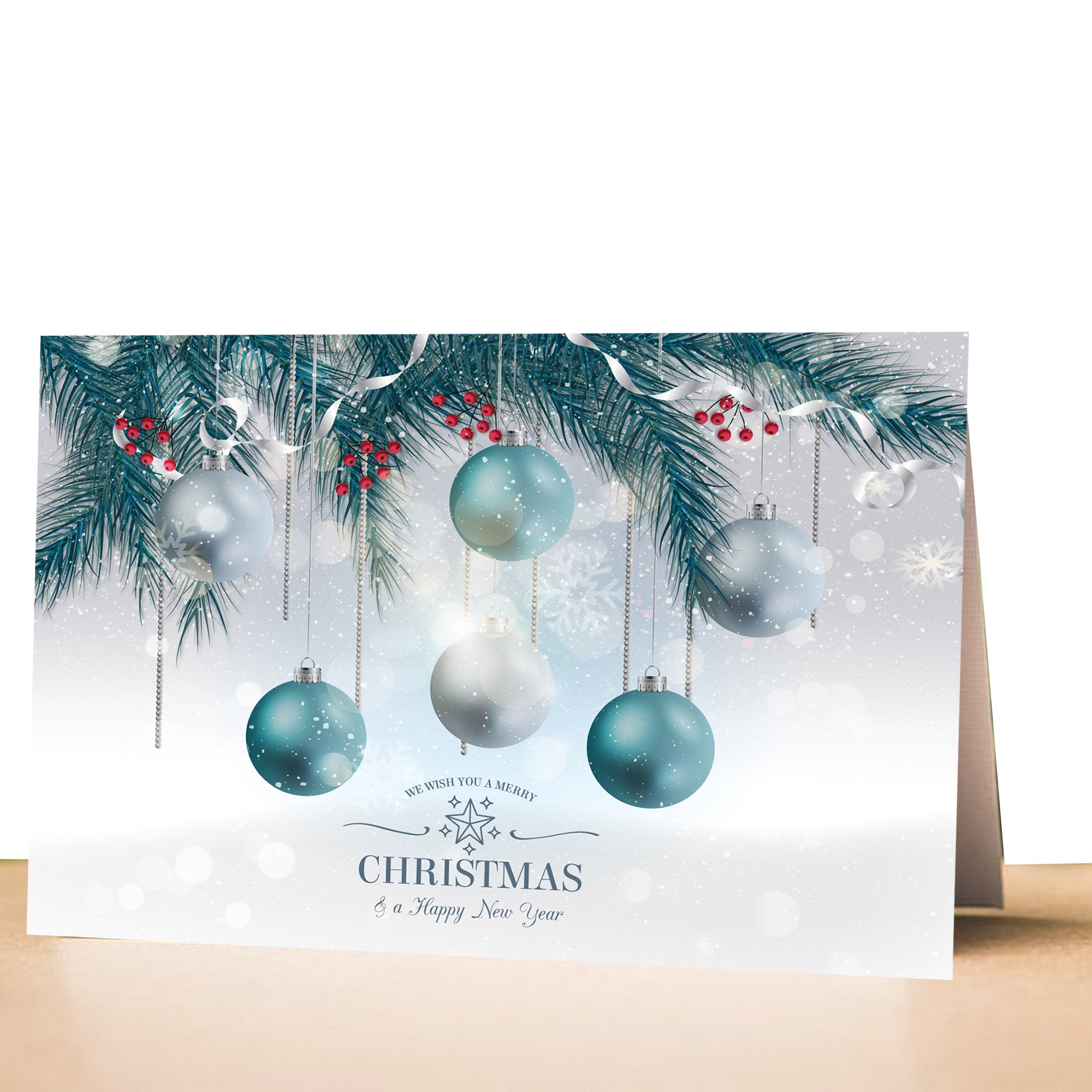 Custom Christmas Card of Hanging Blue and Silver Ornaments