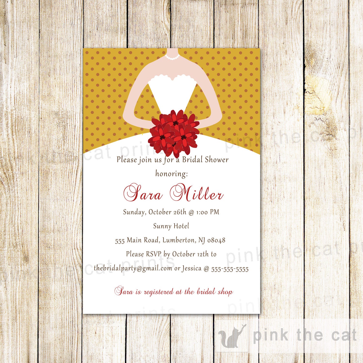 Gold Red Invitations Sweet 16 Bridal Shower Wedding Dress Pink the Cat Gold Red Invitations Sweet 16 Bridal Shower Wedding Dress Pink the Cat