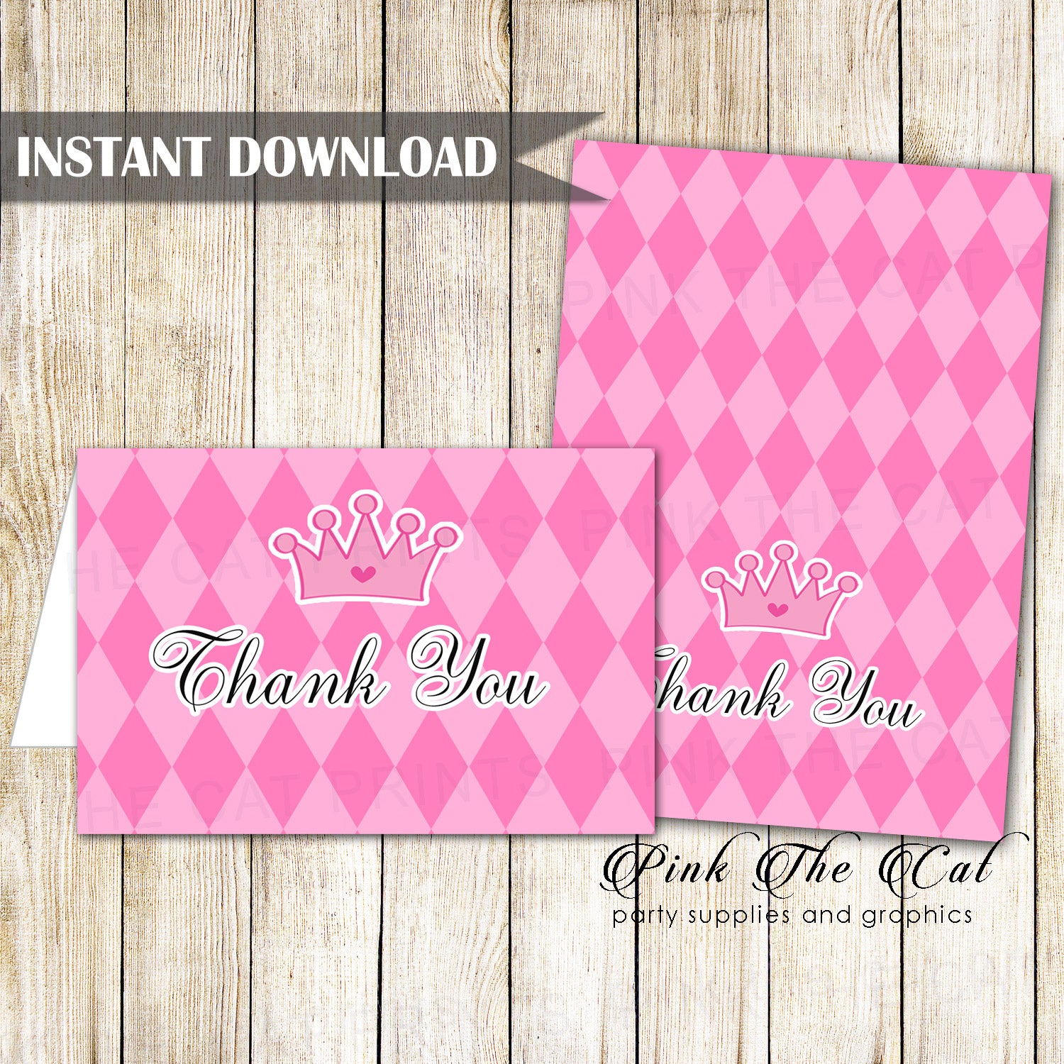 Blank Pink Argyle Princess Folded Thank You Card Printable