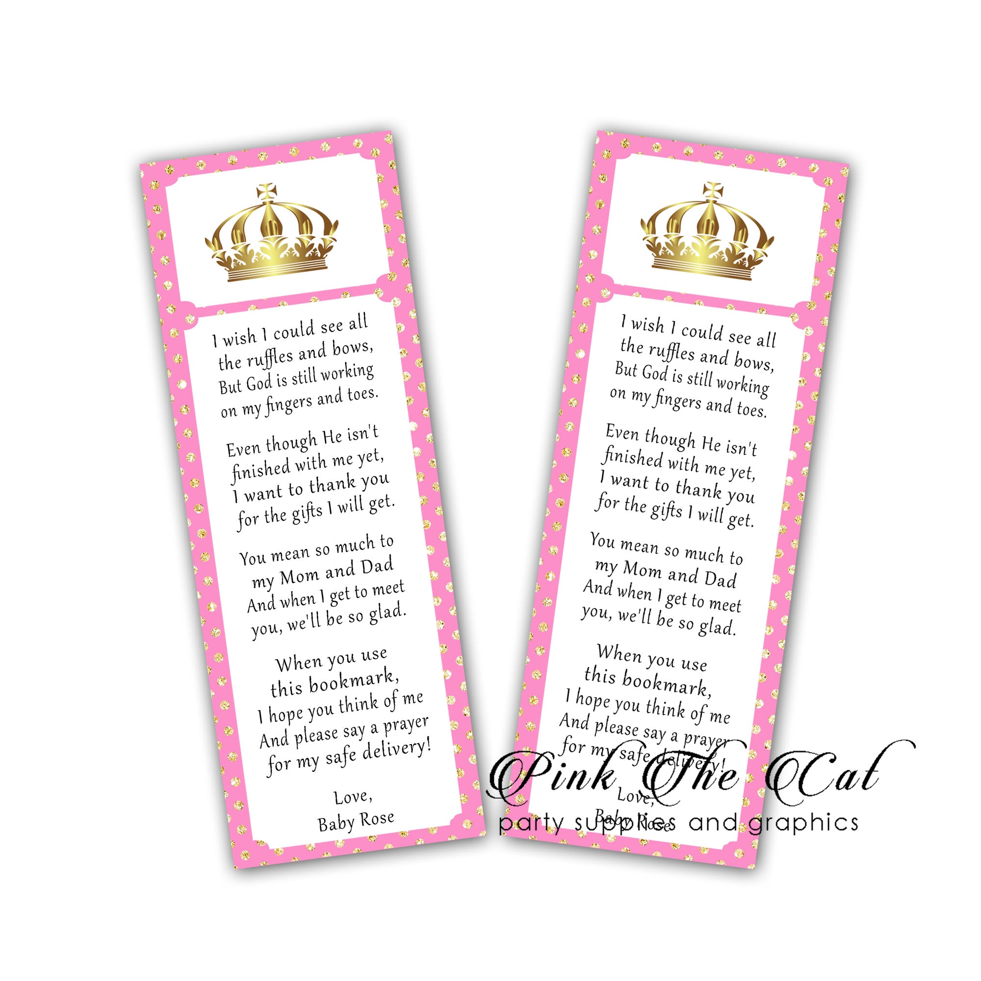 Printable princess bookmarks pink gold personalized baby shower favors