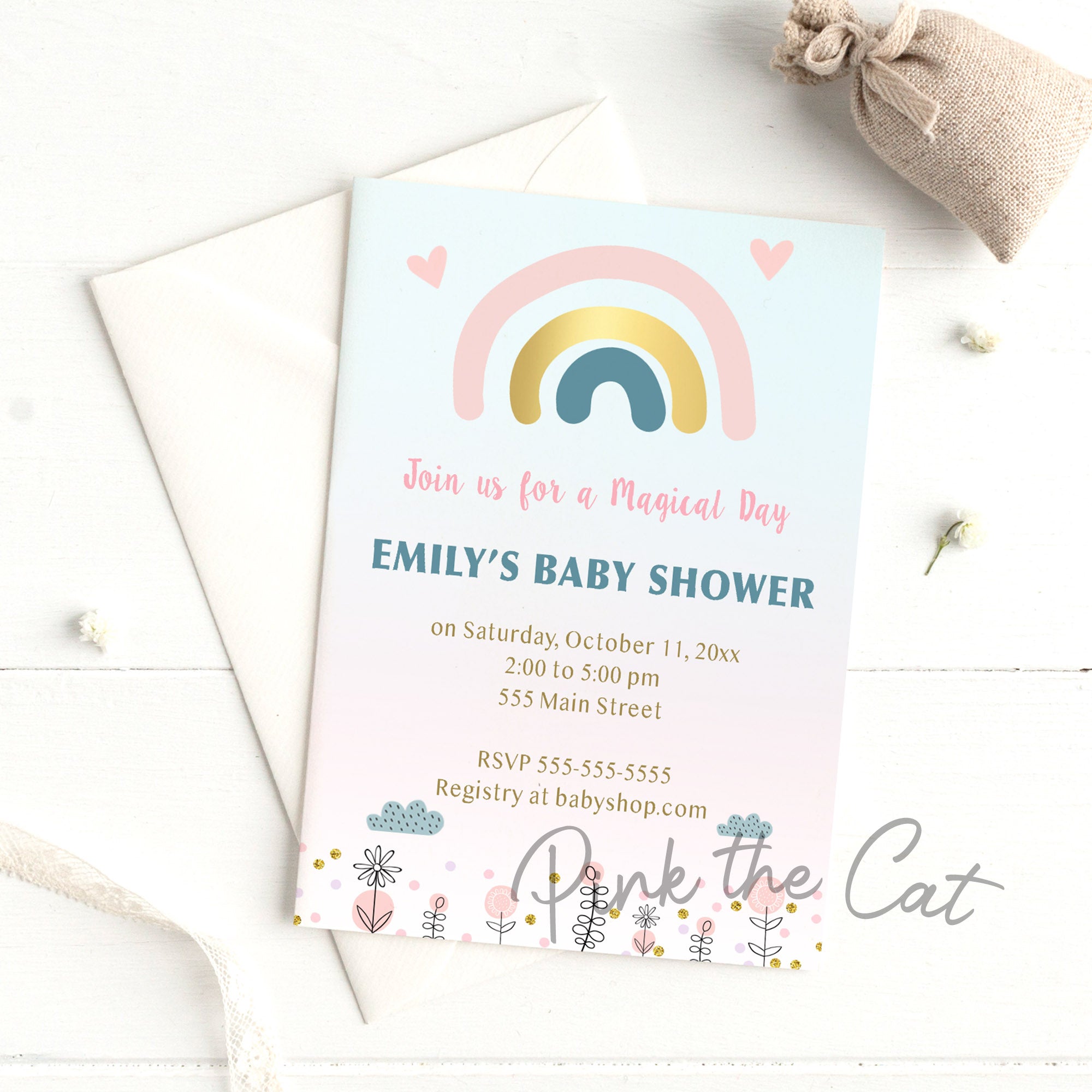 Boho scandi rainbow baby shower invitation printable or printed