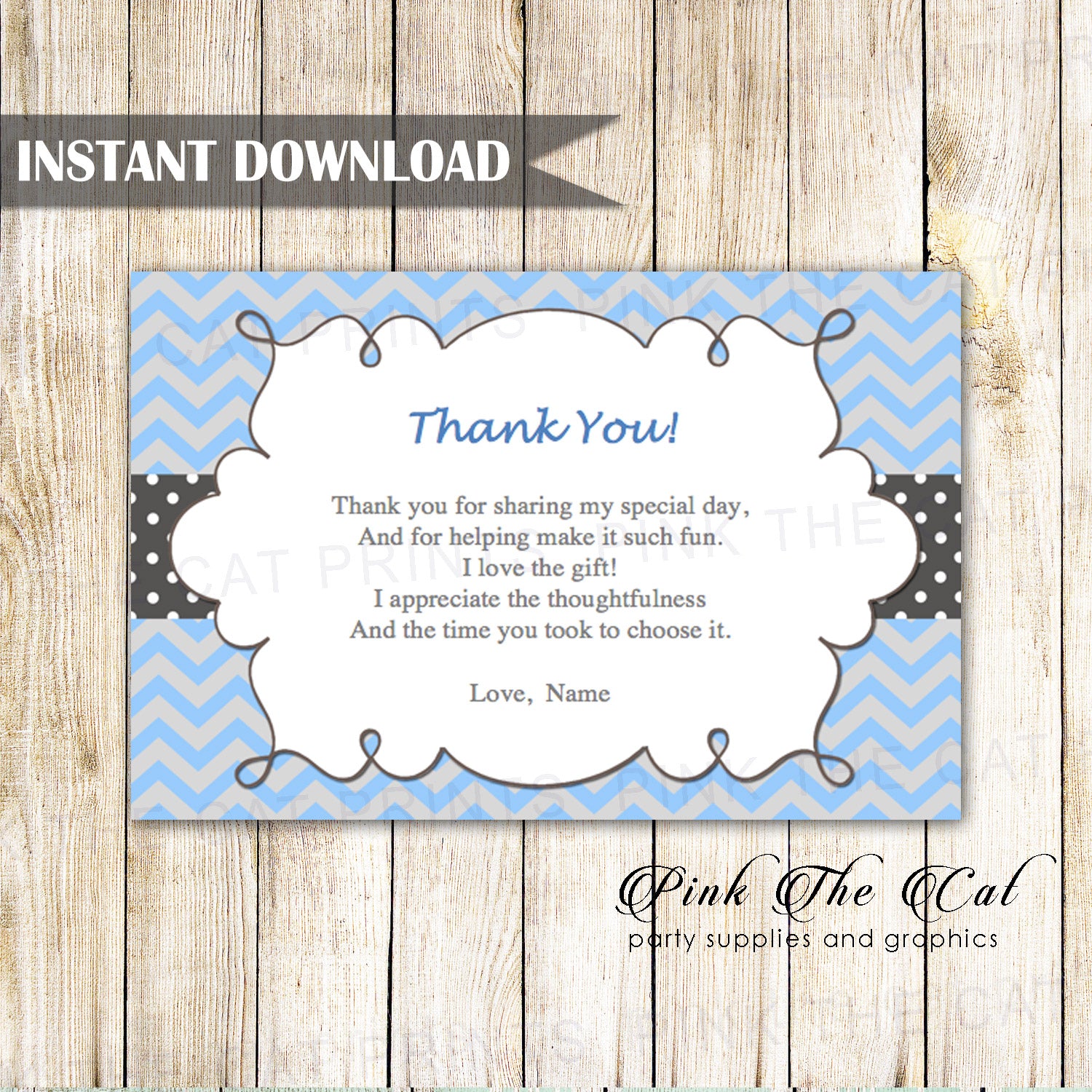 Blue Silver Thank You Card Birthday Brridal Shower Printable