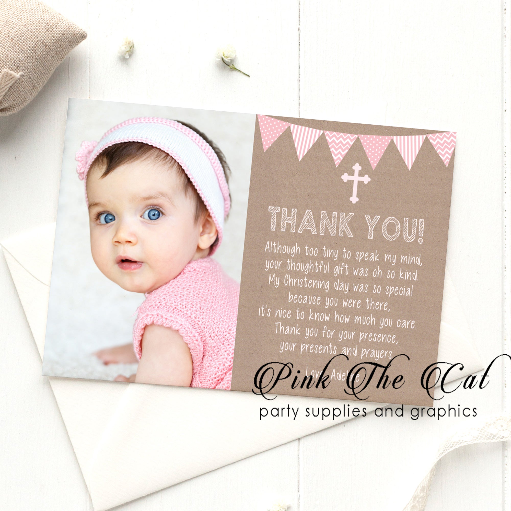 Rustic baptism christening thank you card pink printable