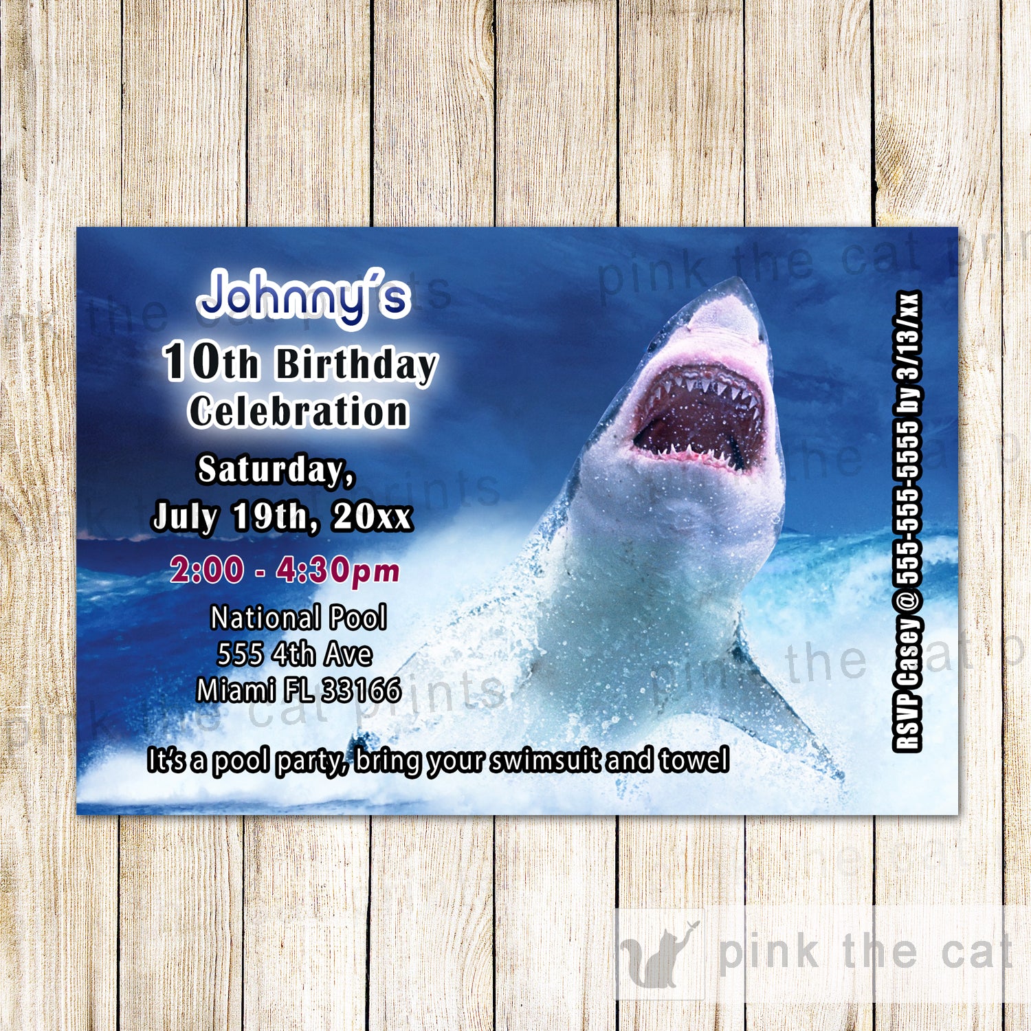 Real Shark Invitation Kids Birthday Party Under The Sea Printable Card –  Pink the Cat